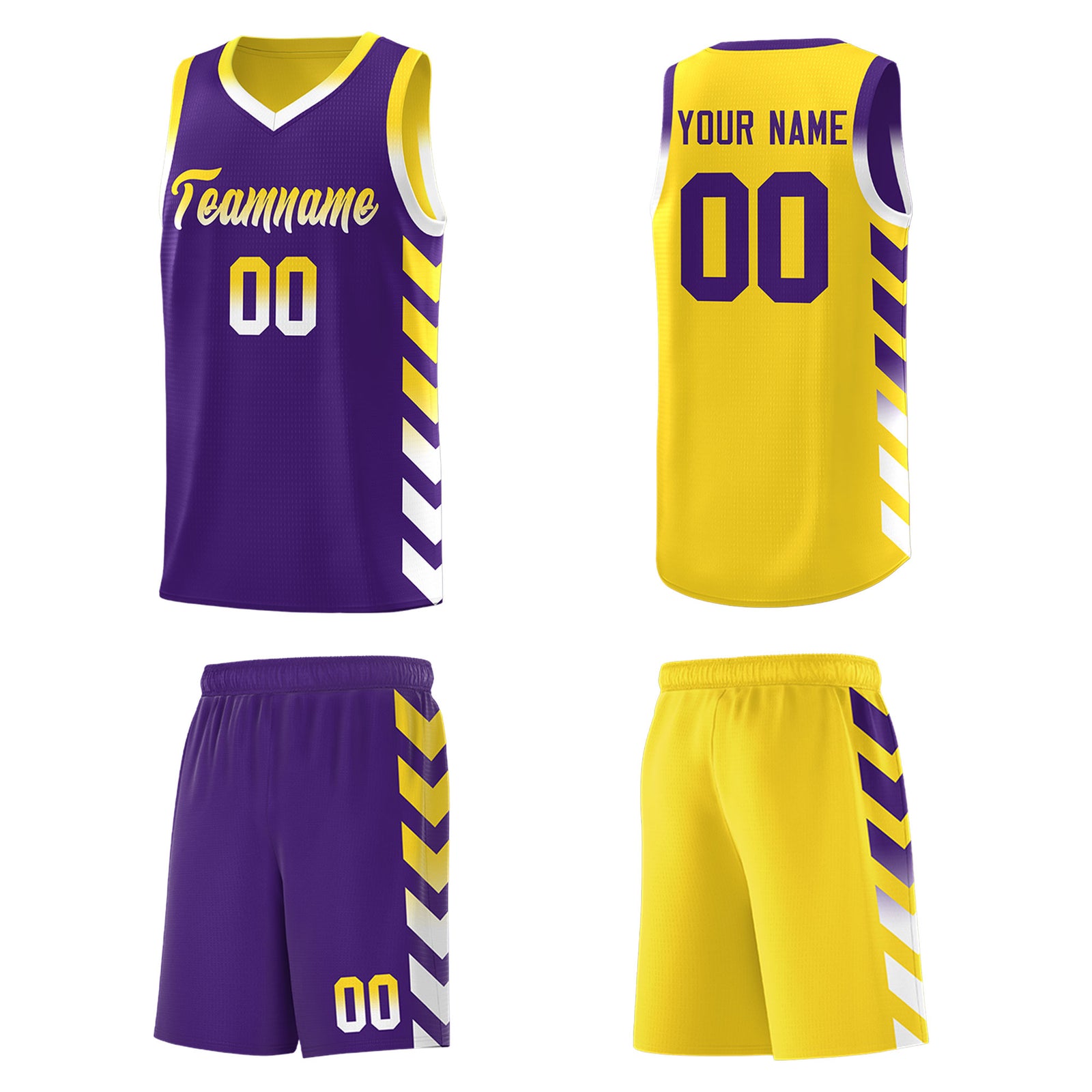 Custom Gold Purple Reversible Basketball Jersey Kits - Side Arrow Purple White Gradient