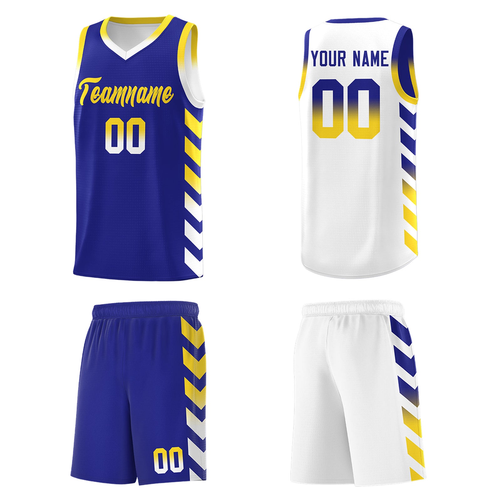 Custom White Royal Reversible Basketball Jersey Kits - Side Arrow Royal Gold Gradient