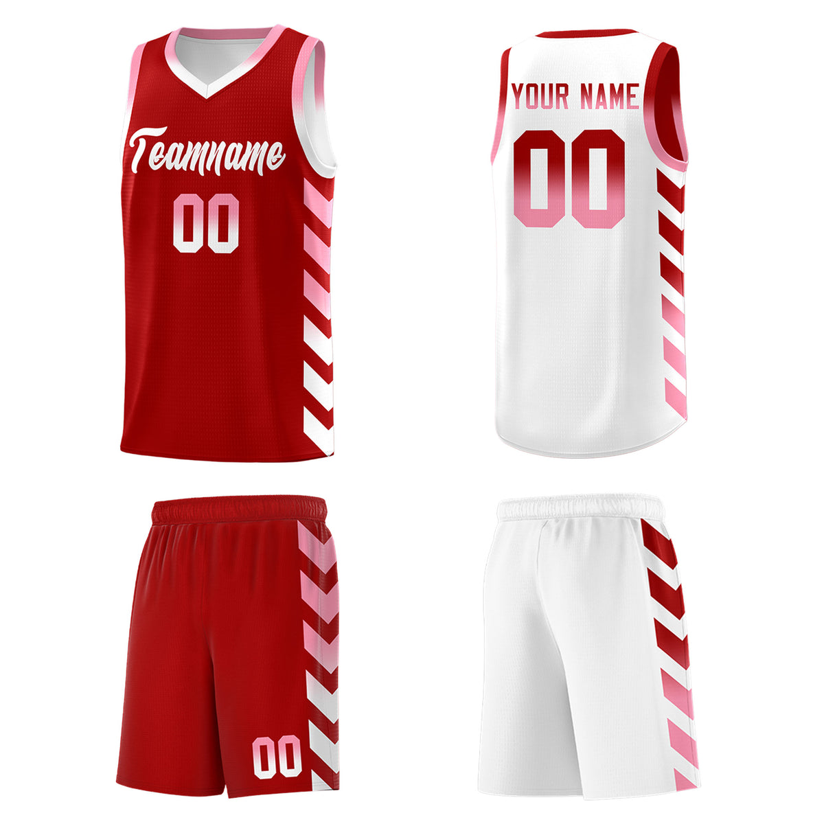 Custom White Red Reversible Basketball Jersey Kits - Side Arrow Red Light Pink Gradient
