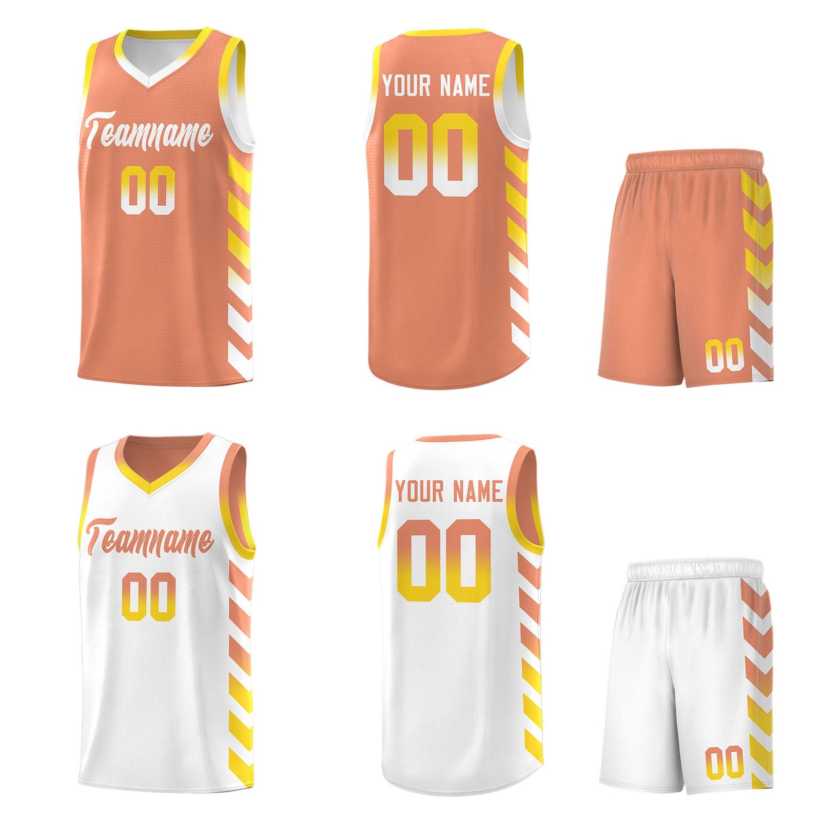 Custom White Light Orange Reversible Basketball Jersey Kits - Side Arrow Light Orange Gold Gradient