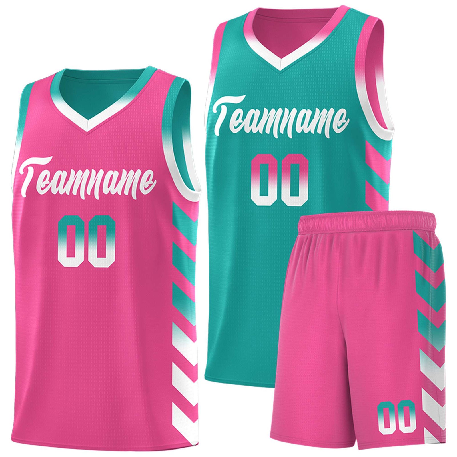 Custom Pink Aqua Reversible Basketball Jersey Kits - Side Arrow Aqua White Gradient