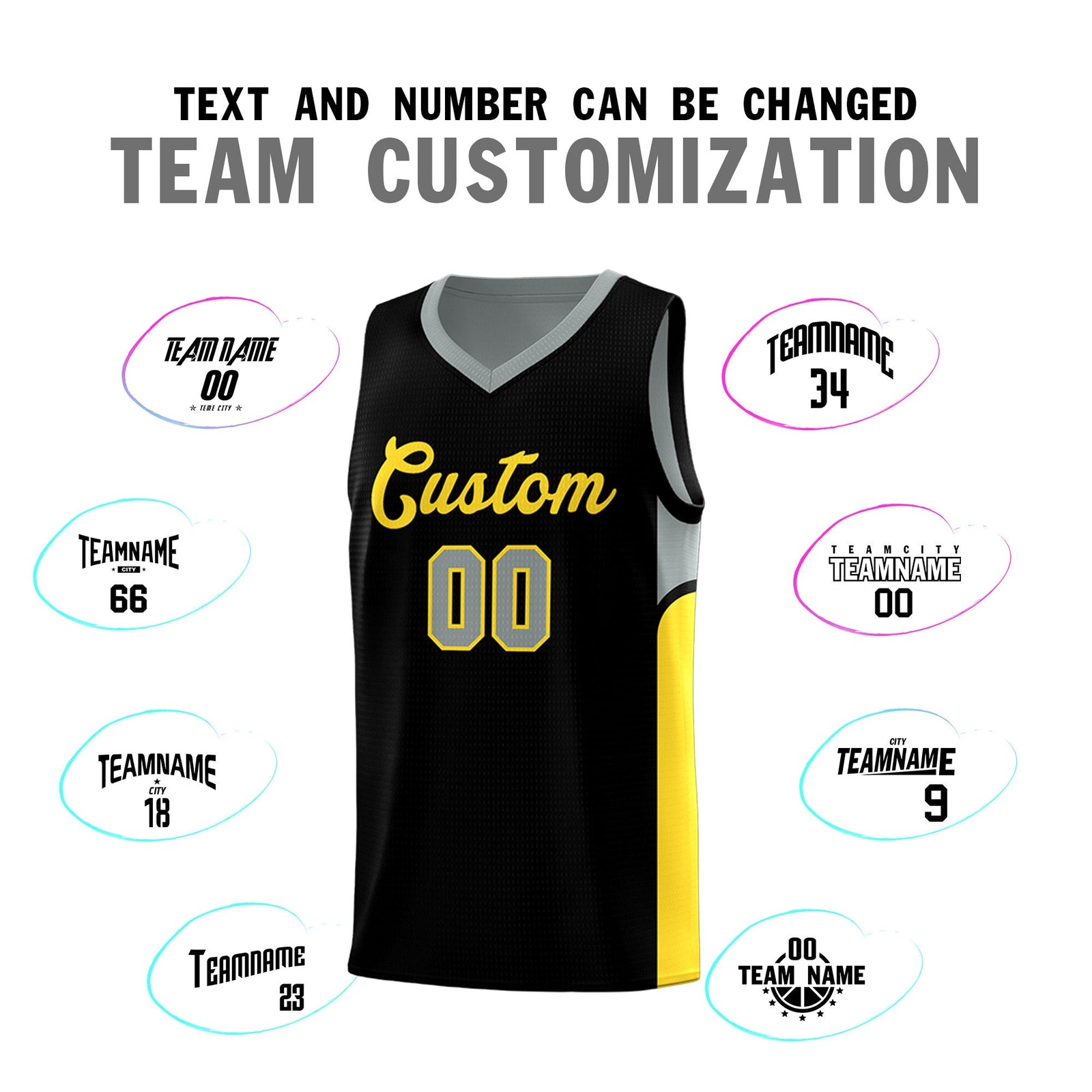 Custom Black Gray Side U-shaped Patttern Double Side Sports Uniform Basketball Jersey