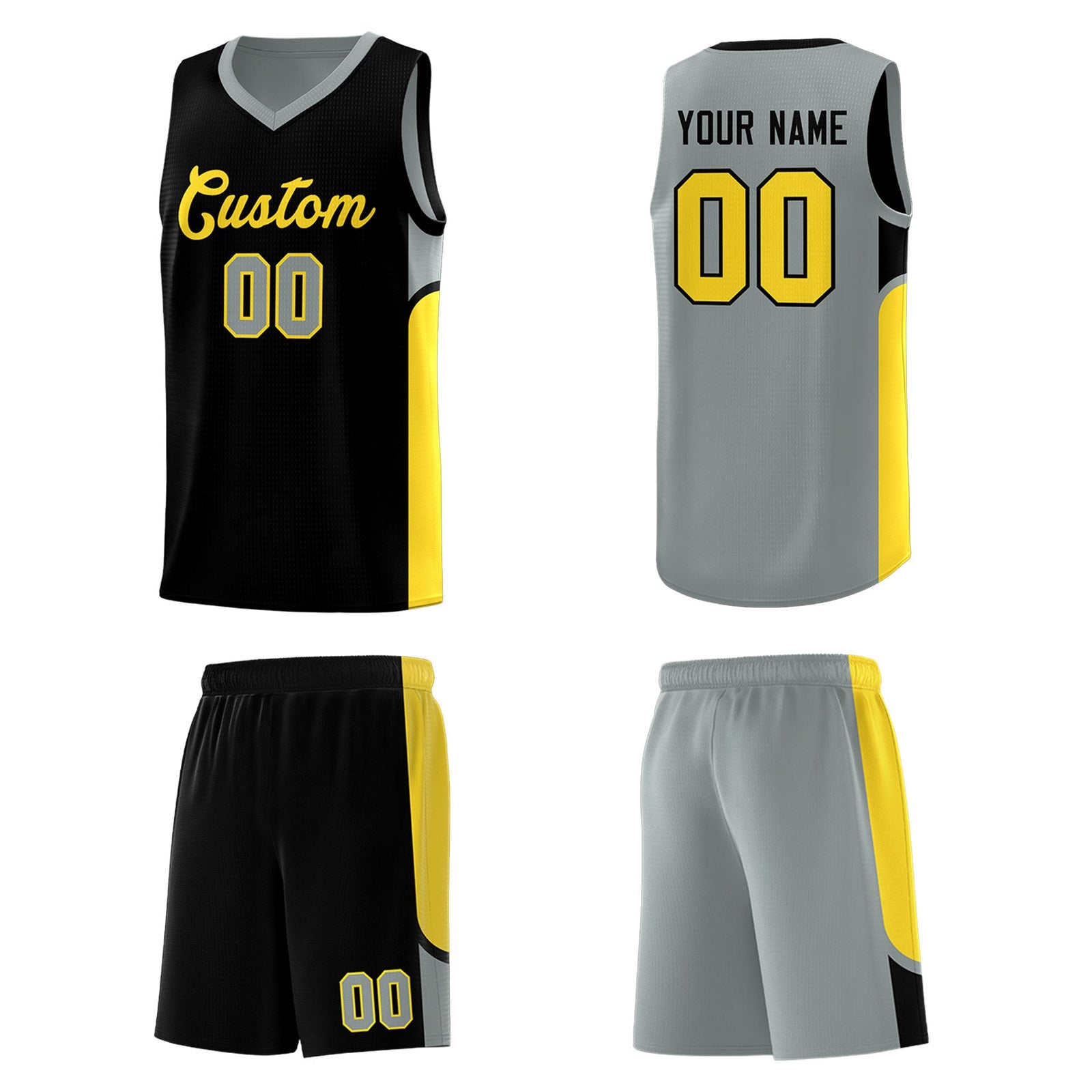 Custom Black Gray Side U-shaped Patttern Double Side Sports Uniform Basketball Jersey