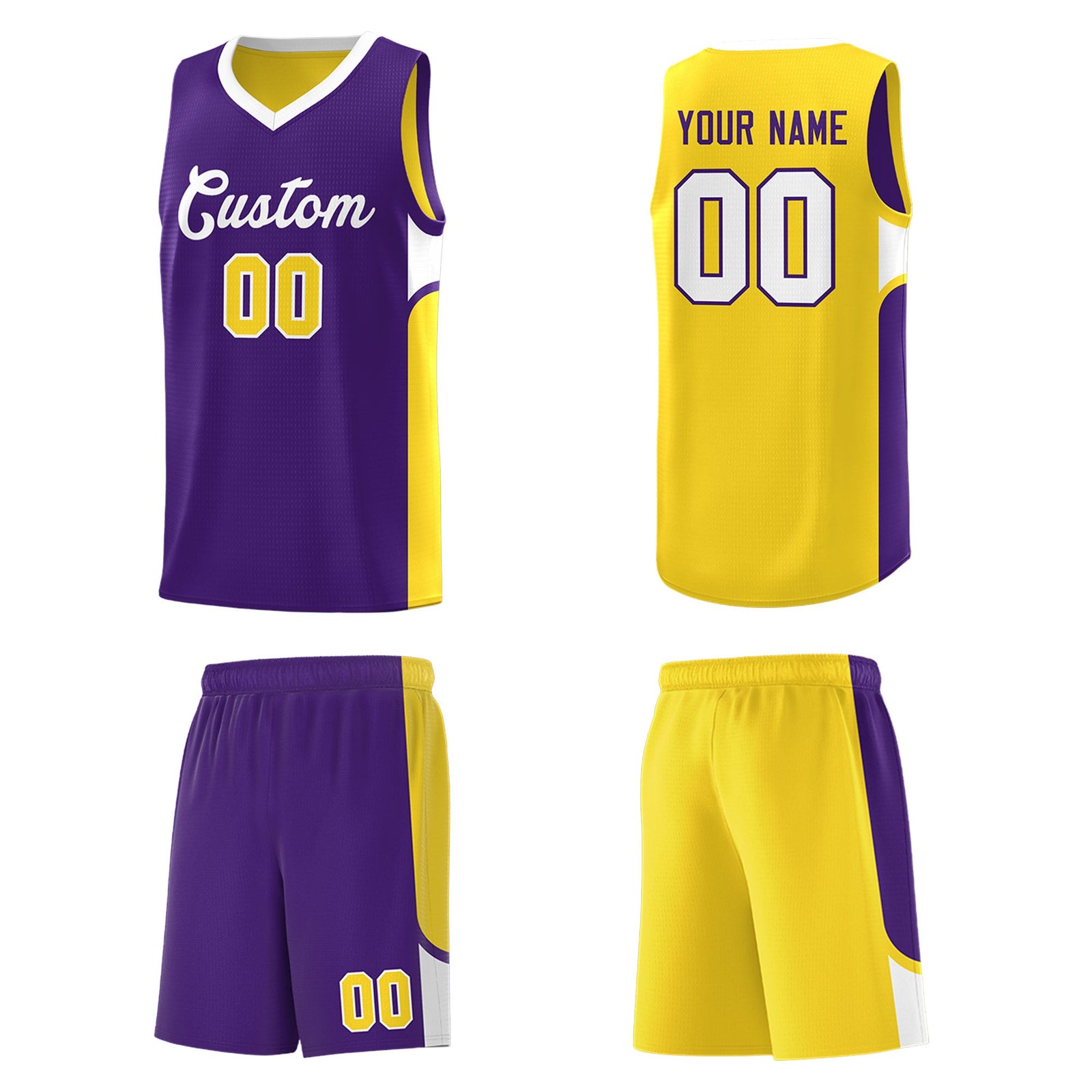 Custom Purple Gold Side U-shaped Patttern Double Side Sports Uniform Basketball Jersey