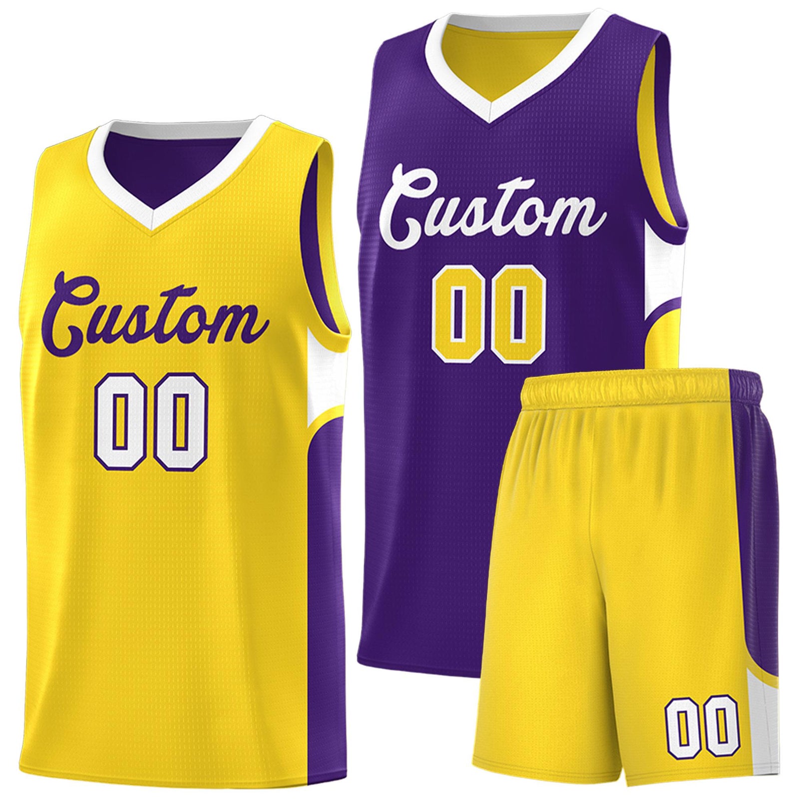 Custom Purple Gold Side U-shaped Patttern Double Side Sports Uniform Basketball Jersey