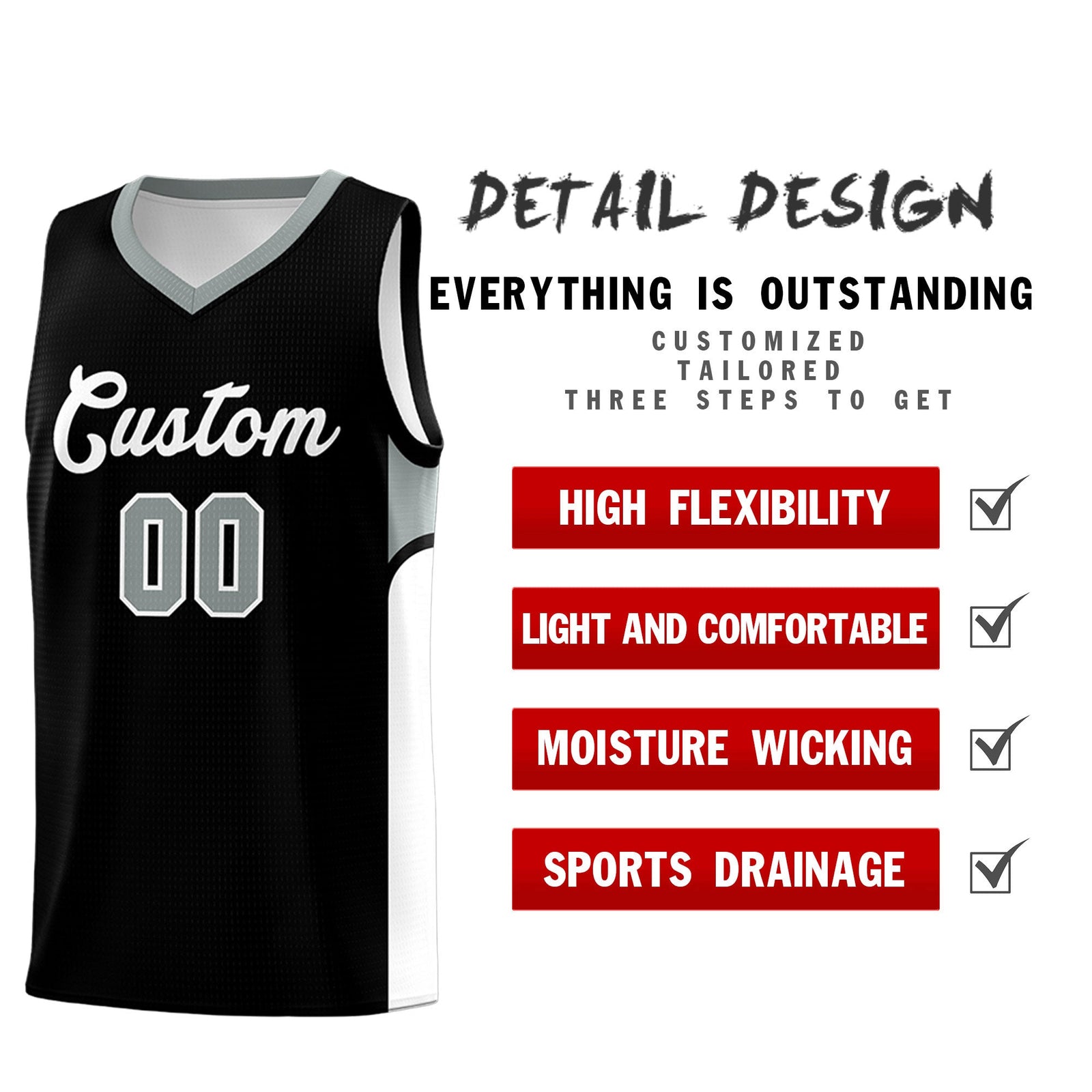Custom Black White Side U-shaped Patttern Double Side Sports Uniform Basketball Jersey