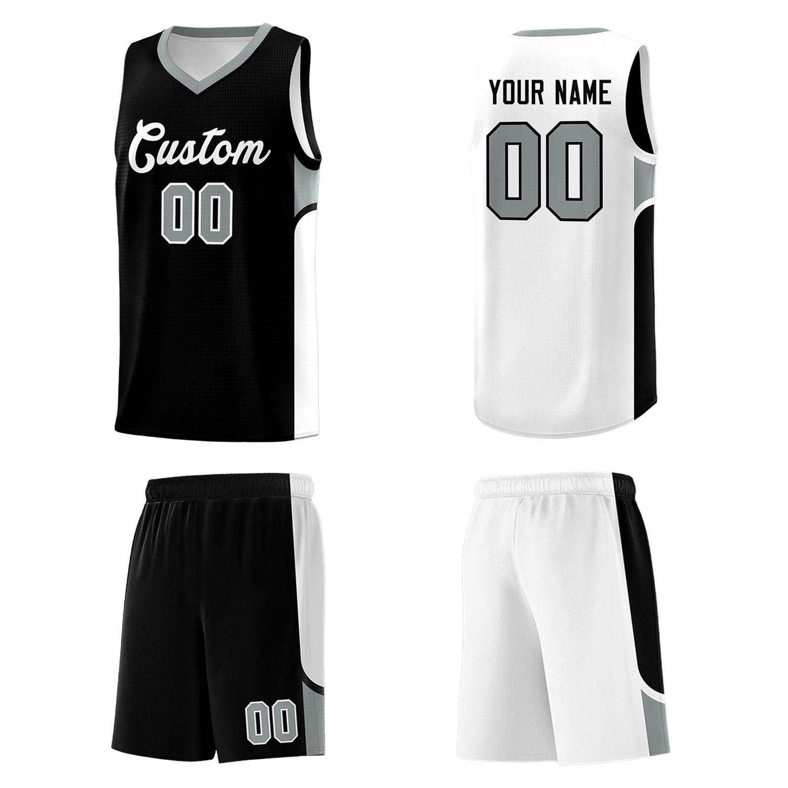 Custom Black White Side U-shaped Patttern Double Side Sports Uniform Basketball Jersey