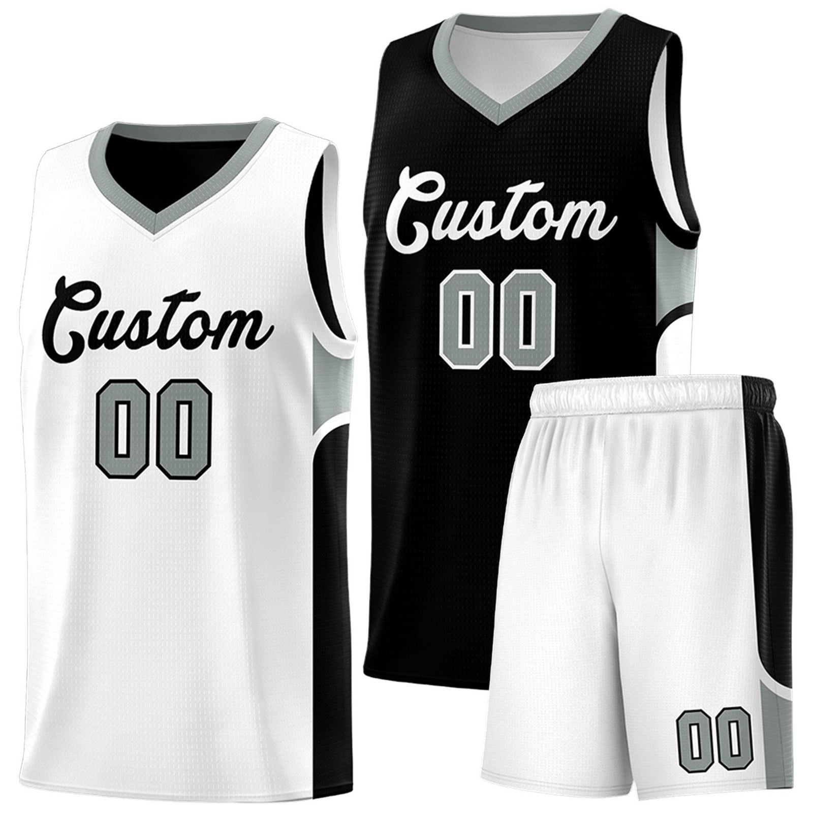 Custom Black White Side U-shaped Patttern Double Side Sports Uniform Basketball Jersey
