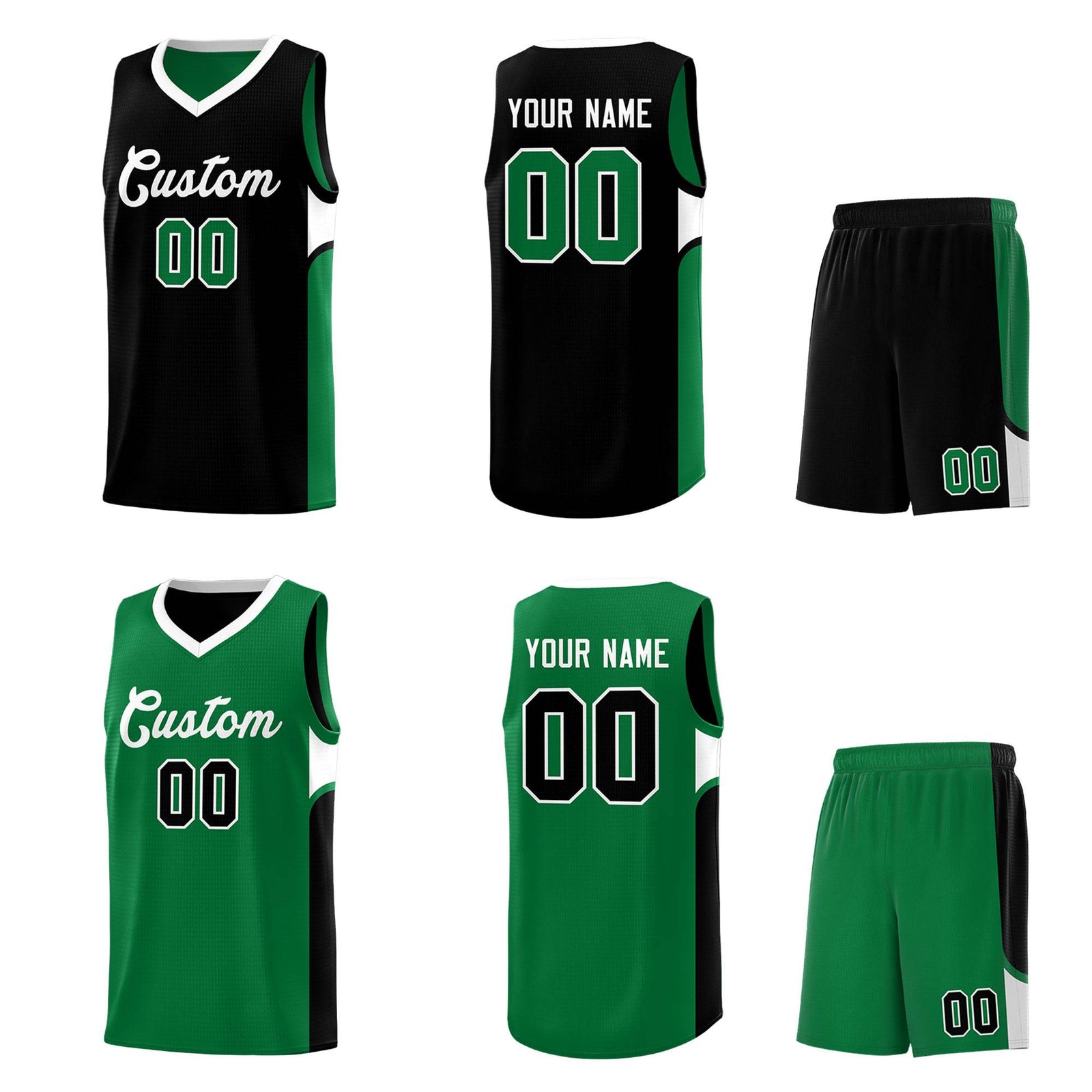 Custom Black Kelly Green Side U-shaped Patttern Double Side Sports Uniform Basketball Jersey