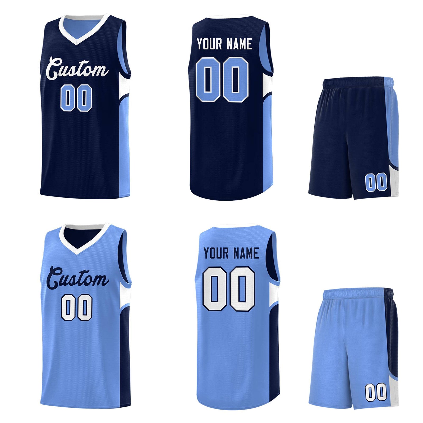 Custom Navy Light Blue Side U-shaped Patttern Double Side Sports Uniform Basketball Jersey