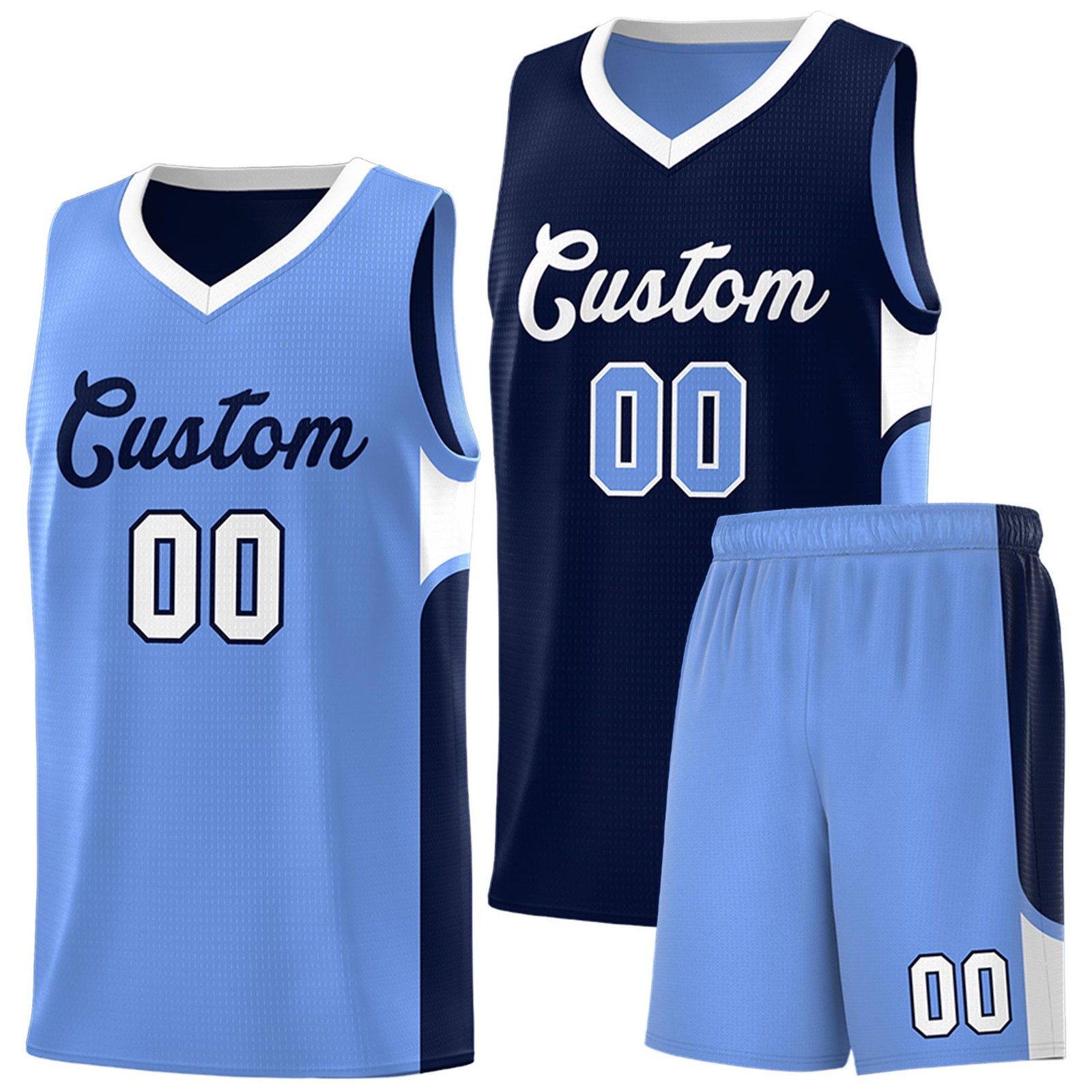 Custom Navy Light Blue Side U-shaped Patttern Double Side Sports Uniform Basketball Jersey