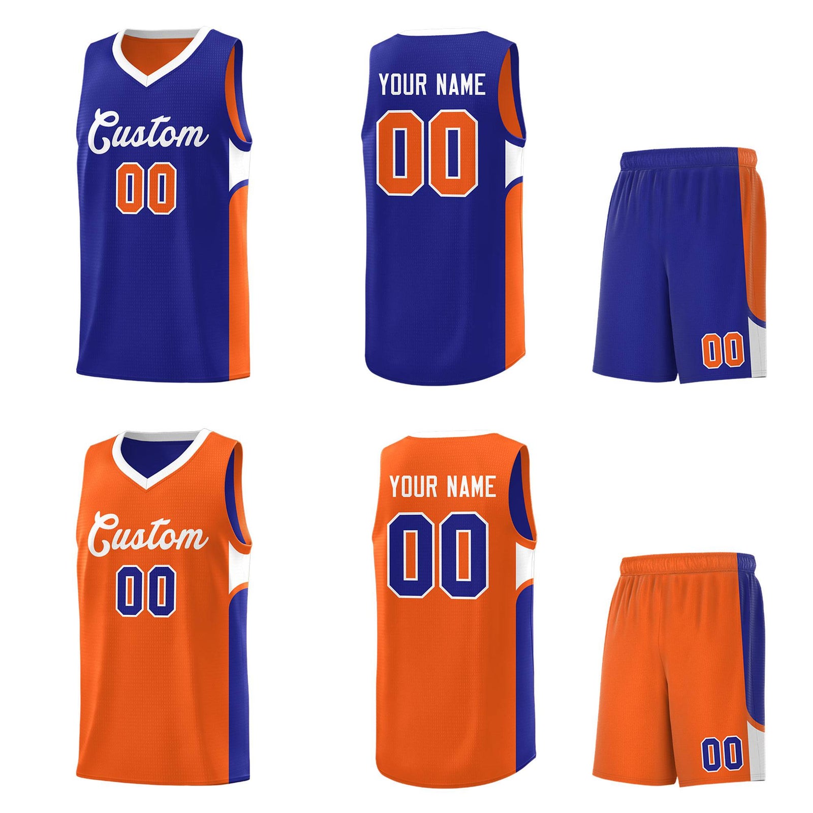 Custom Royal Orange Side U-shaped Patttern Double Side Sports Uniform Basketball Jersey