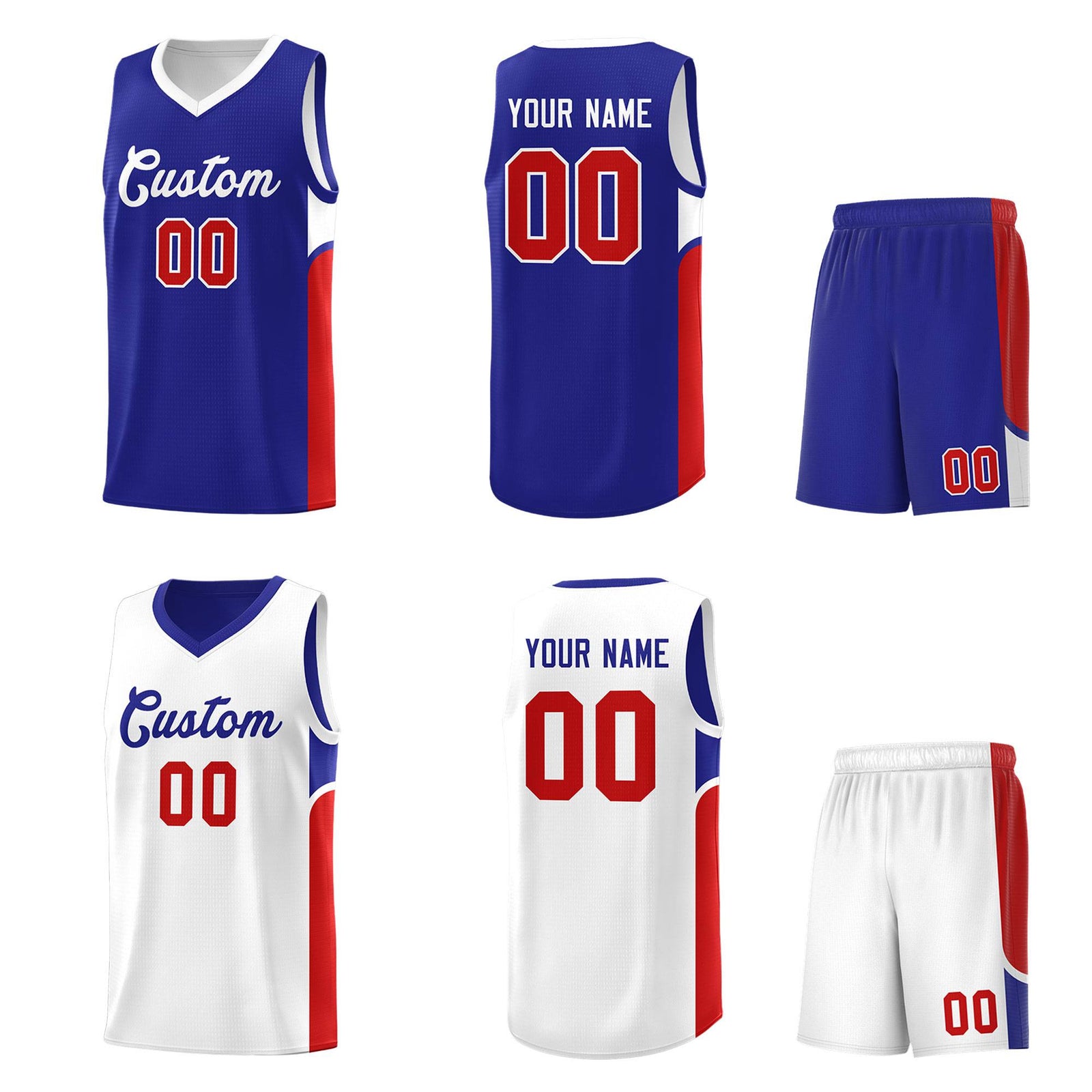 Custom Royal White Side U-shaped Patttern Double Side Sports Uniform Basketball Jersey