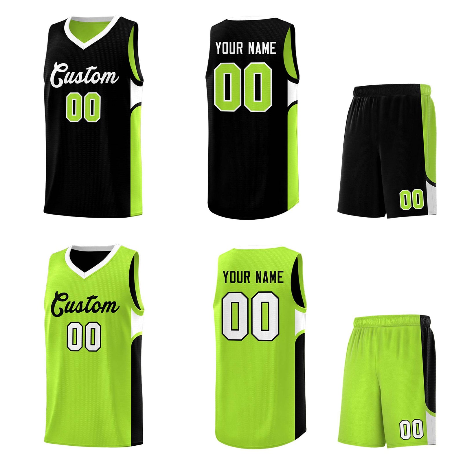 Custom Black Neon Green Side U-shaped Patttern Double Side Sports Uniform Basketball Jersey
