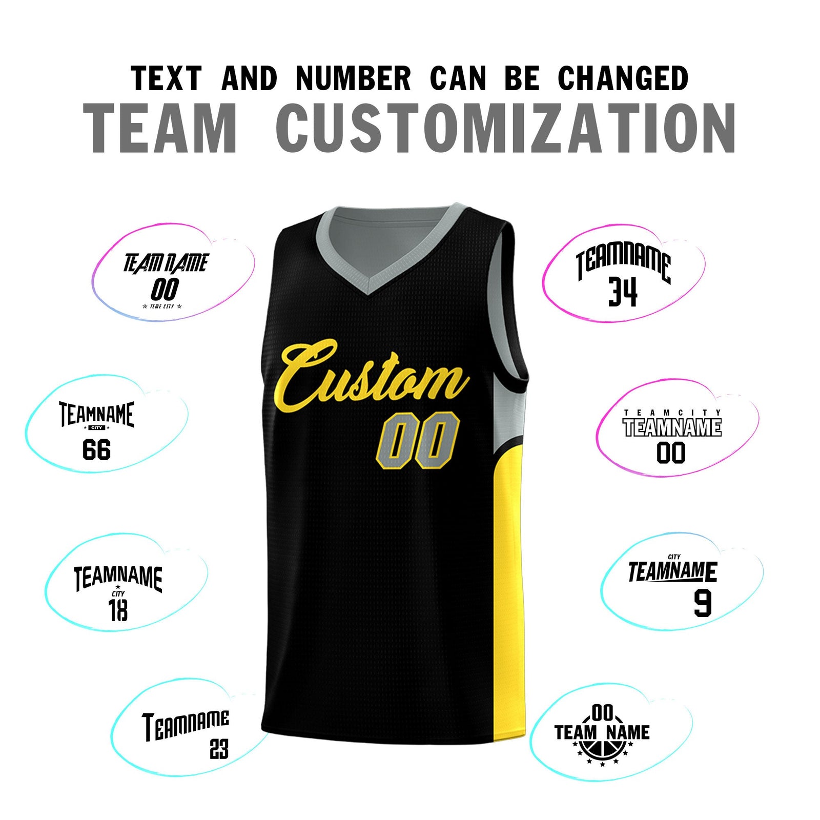 Custom Black Gray Side U-shaped Patttern Double Side Sports Uniform Basketball Jersey