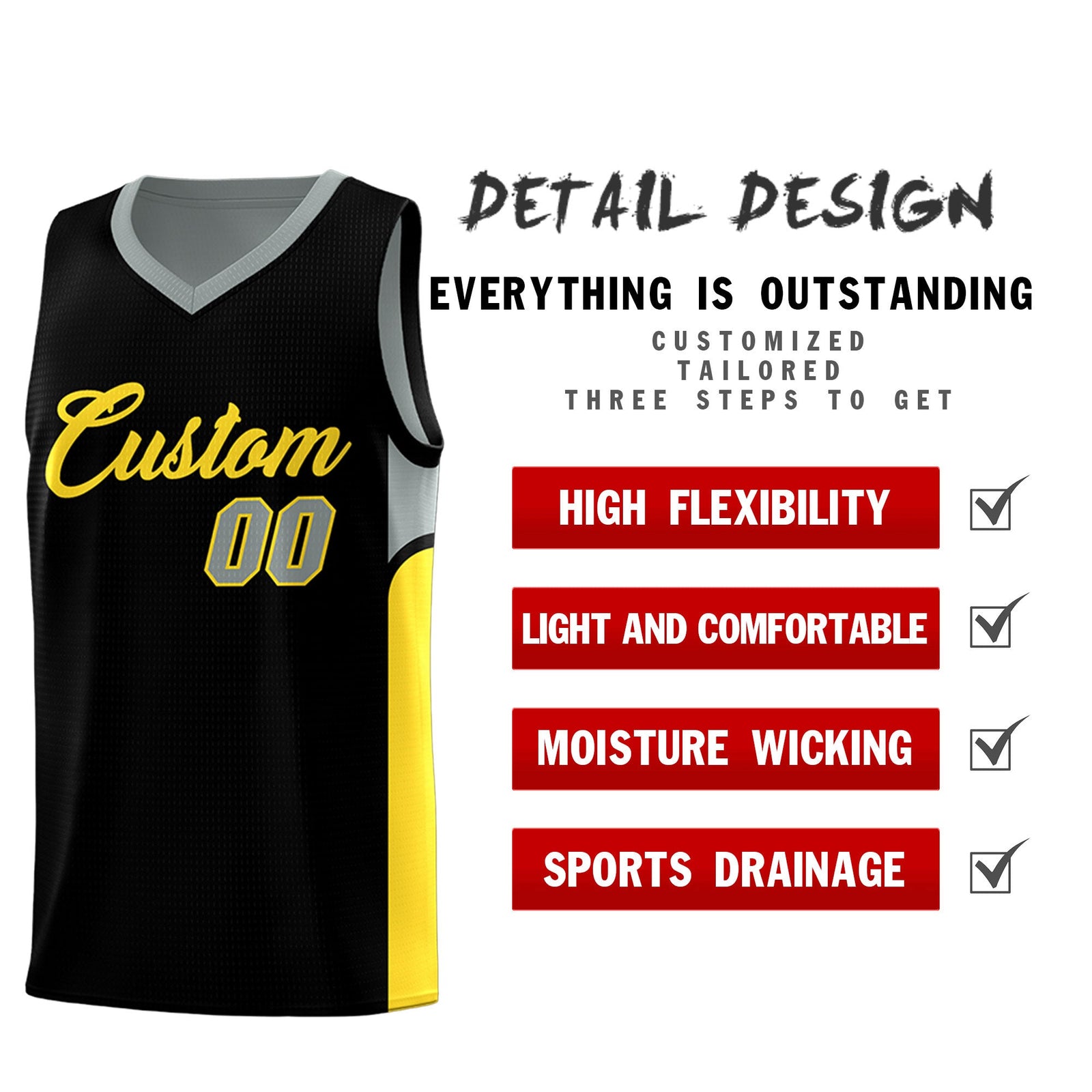 Custom Black Gray Side U-shaped Patttern Double Side Sports Uniform Basketball Jersey