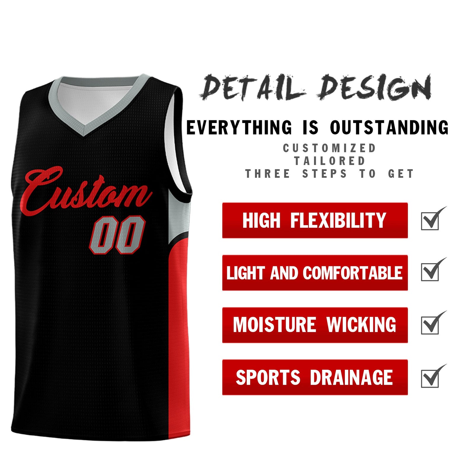 Custom Black White Side U-shaped Patttern Double Side Sports Uniform Basketball Jersey