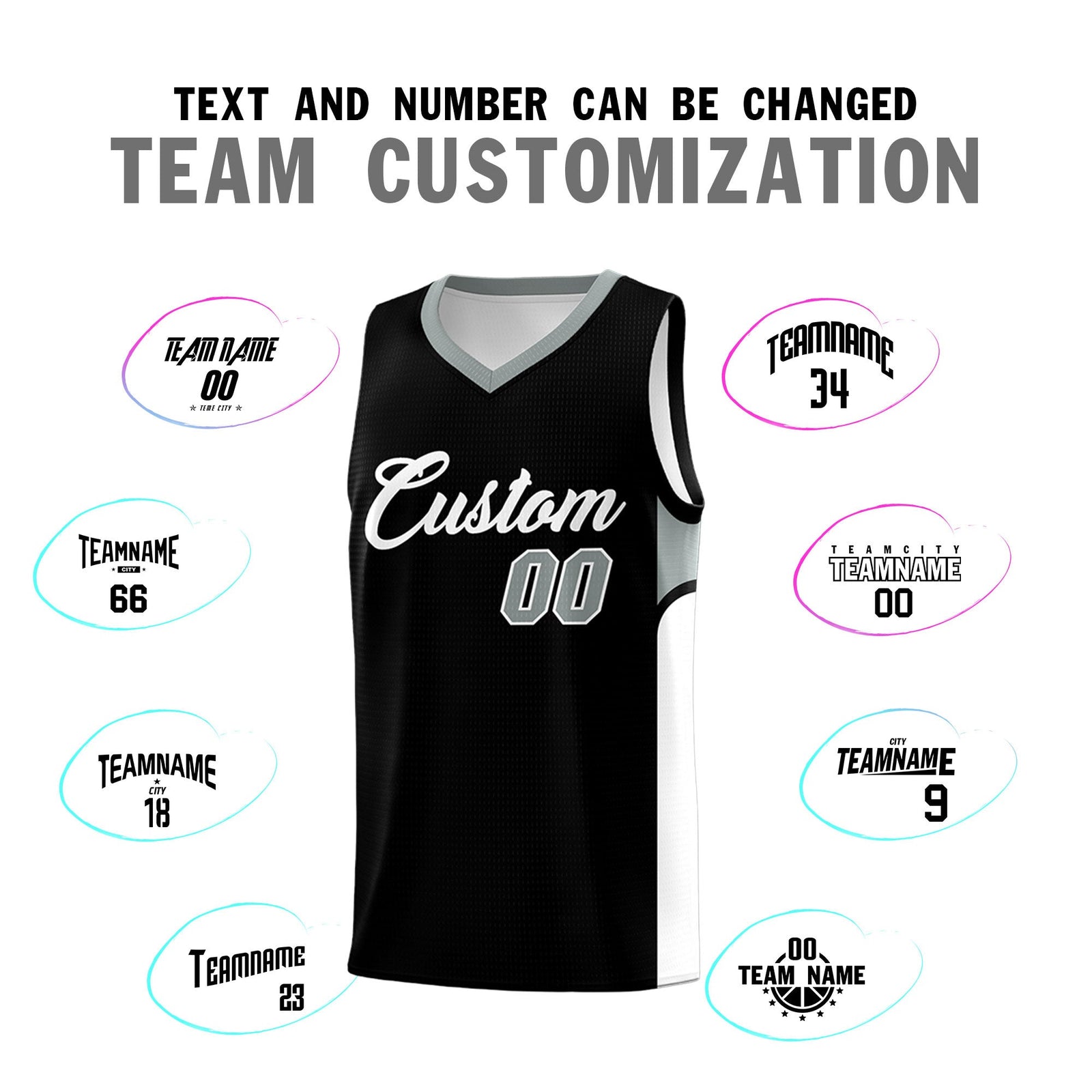 Custom Black White Side U-shaped Patttern Double Side Sports Uniform Basketball Jersey