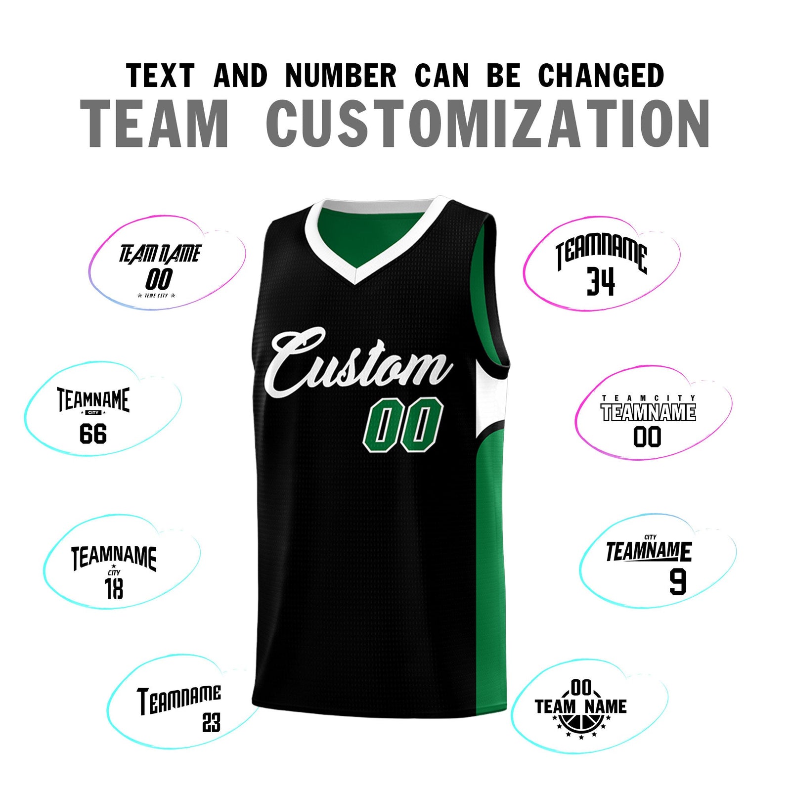 Custom Black Kelly Green Side U-shaped Patttern Double Side Sports Uniform Basketball Jersey