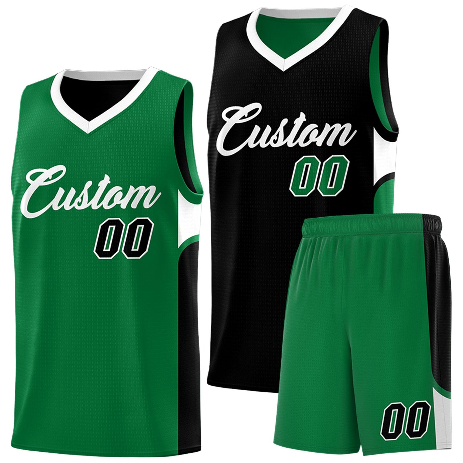 Custom Black Kelly Green Side U-shaped Patttern Double Side Sports Uniform Basketball Jersey