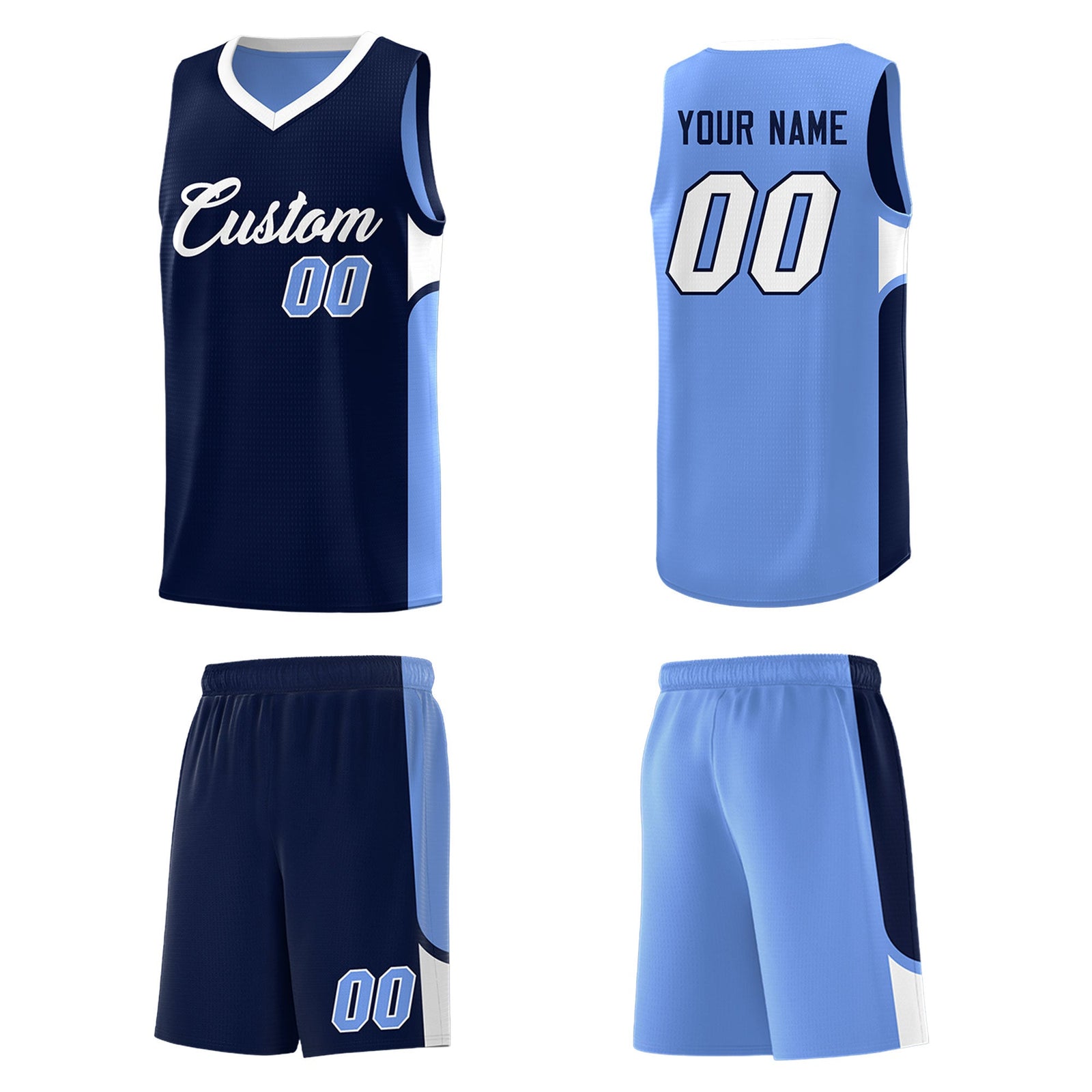 Custom Navy Light Blue Side U-shaped Patttern Double Side Sports Uniform Basketball Jersey