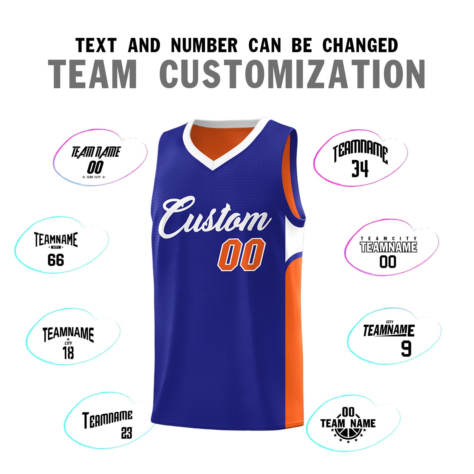 Custom Royal Orange Side U-shaped Patttern Double Side Sports Uniform Basketball Jersey