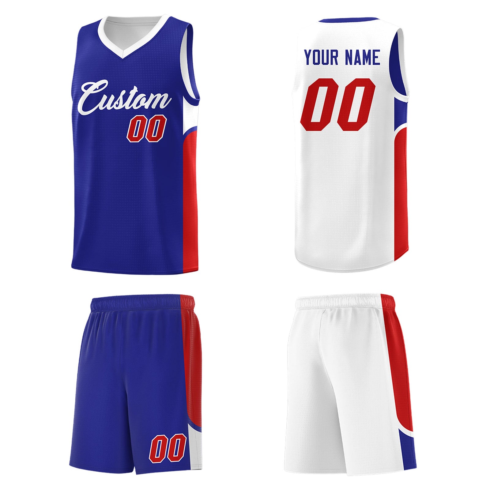 Custom Royal White Side U-shaped Patttern Double Side Sports Uniform Basketball Jersey