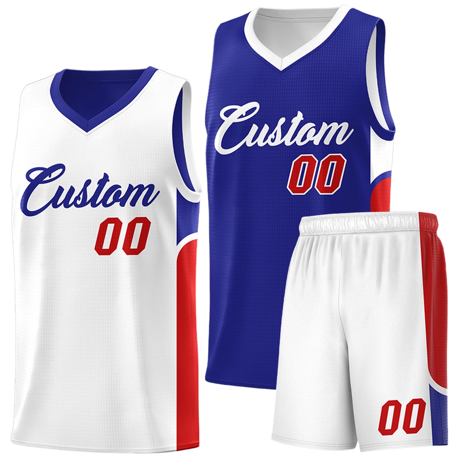 Custom Royal White Side U-shaped Patttern Double Side Sports Uniform Basketball Jersey