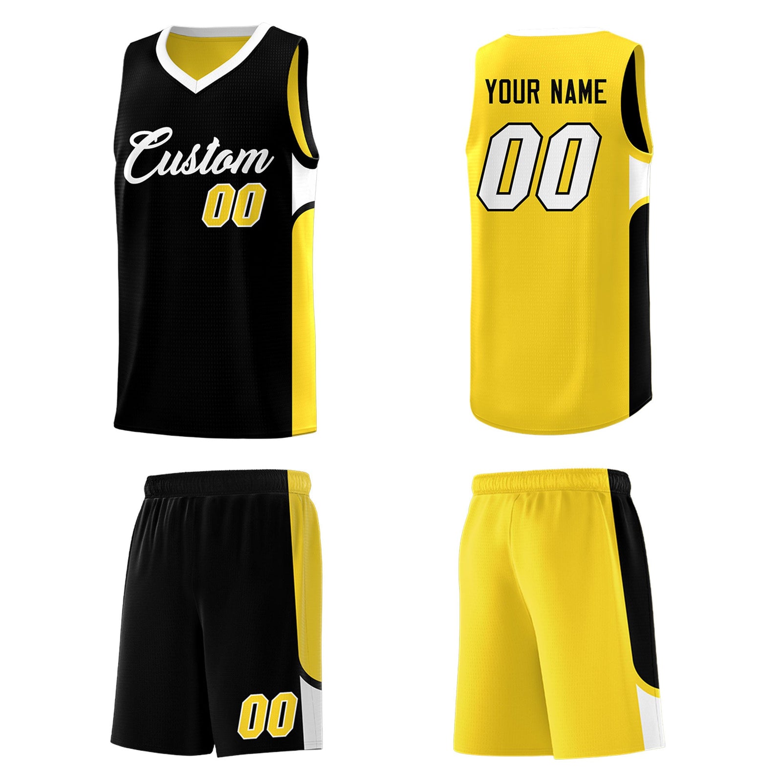 Custom Black Gold Side U-shaped Patttern Double Side Sports Uniform Basketball Jersey