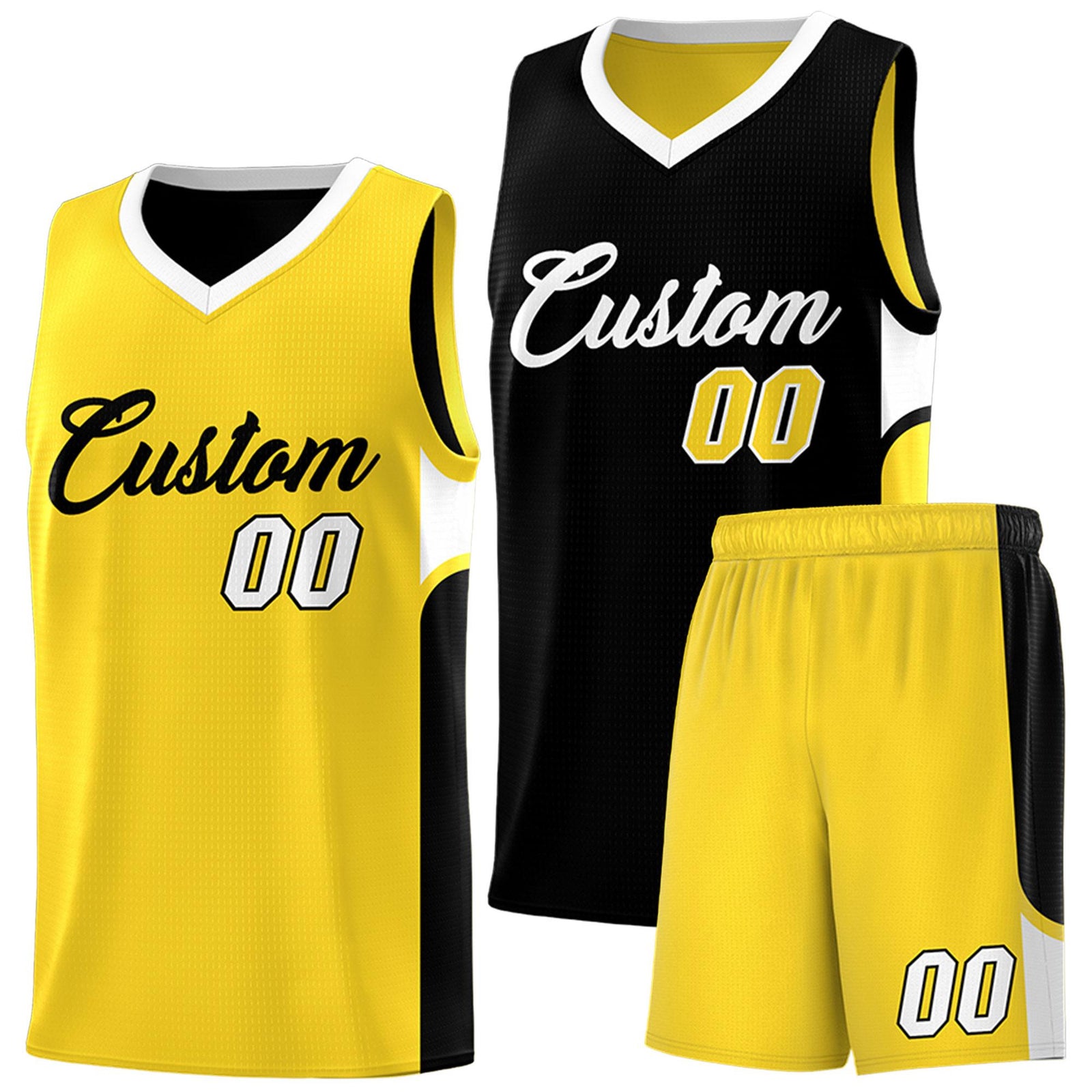 Custom Black Gold Side U-shaped Patttern Double Side Sports Uniform Basketball Jersey