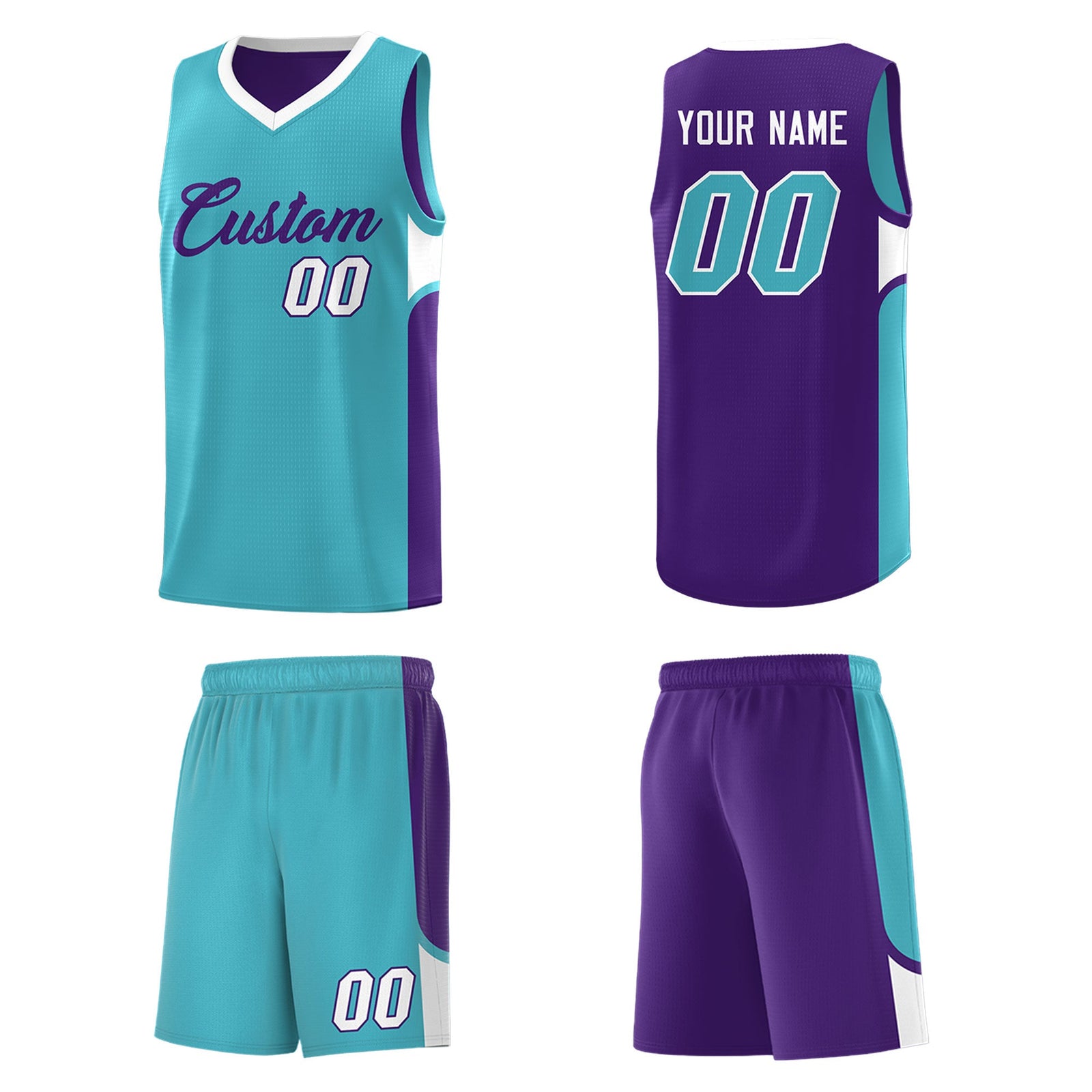 Custom Sky Blue Purple Side U-shaped Patttern Double Side Sports Uniform Basketball Jersey