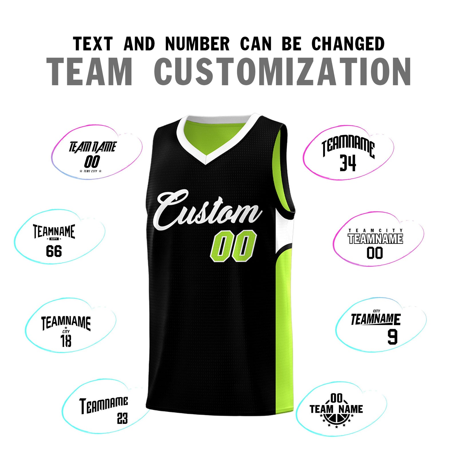Custom Black Neon Green Side U-shaped Patttern Double Side Sports Uniform Basketball Jersey