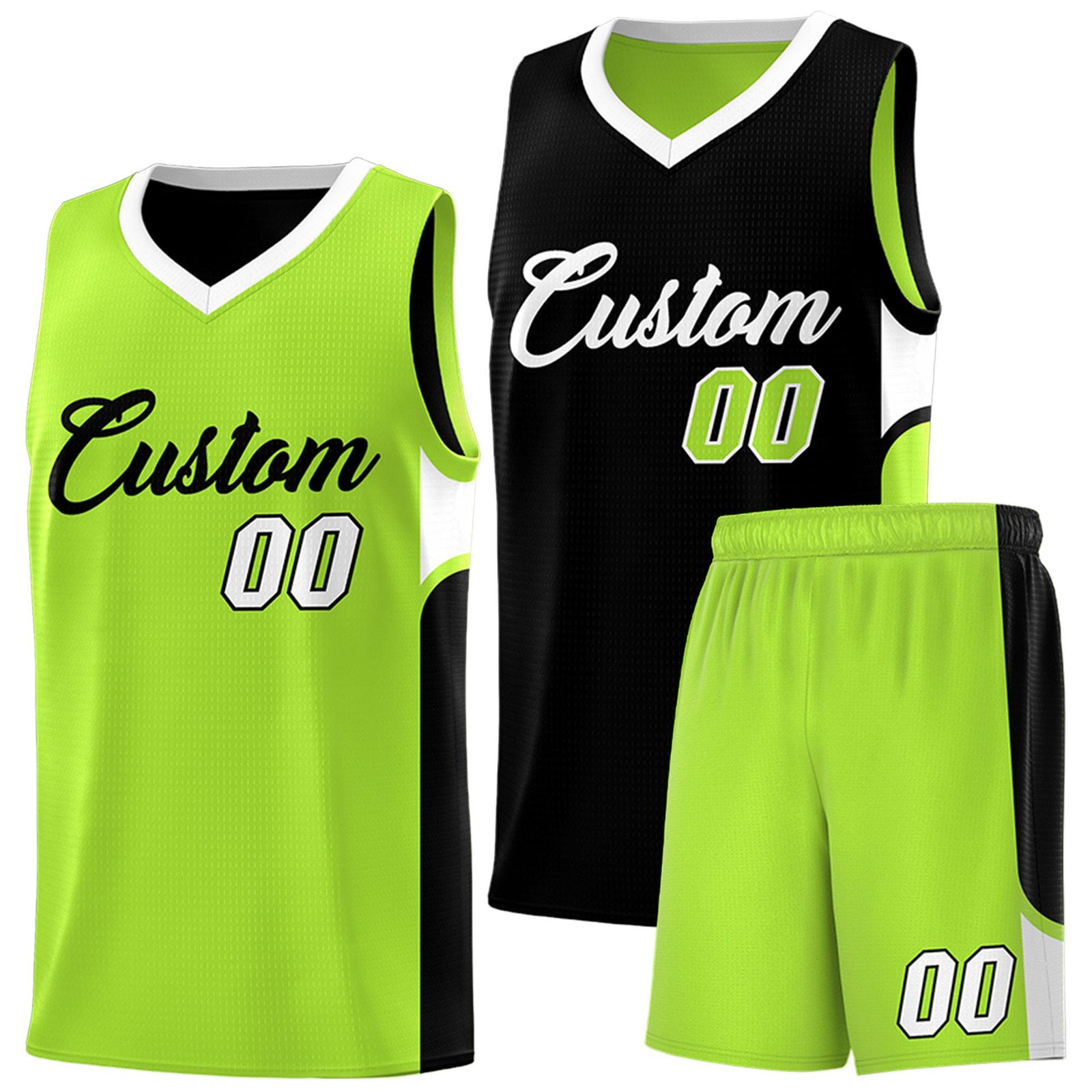 Custom Black Neon Green Side U-shaped Patttern Double Side Sports Uniform Basketball Jersey