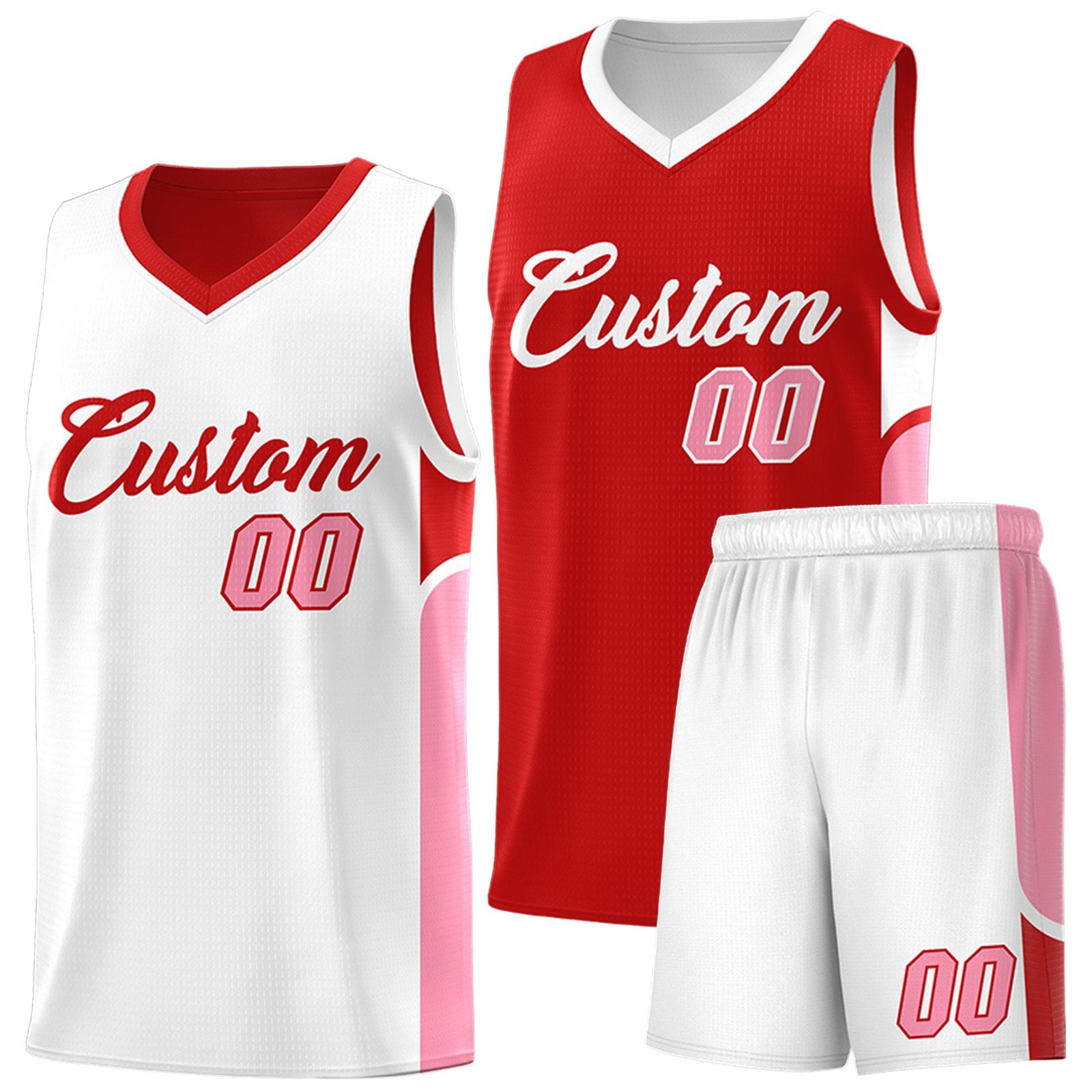 Custom Red White Side U-shaped Patttern Double Side Sports Uniform Basketball Jersey