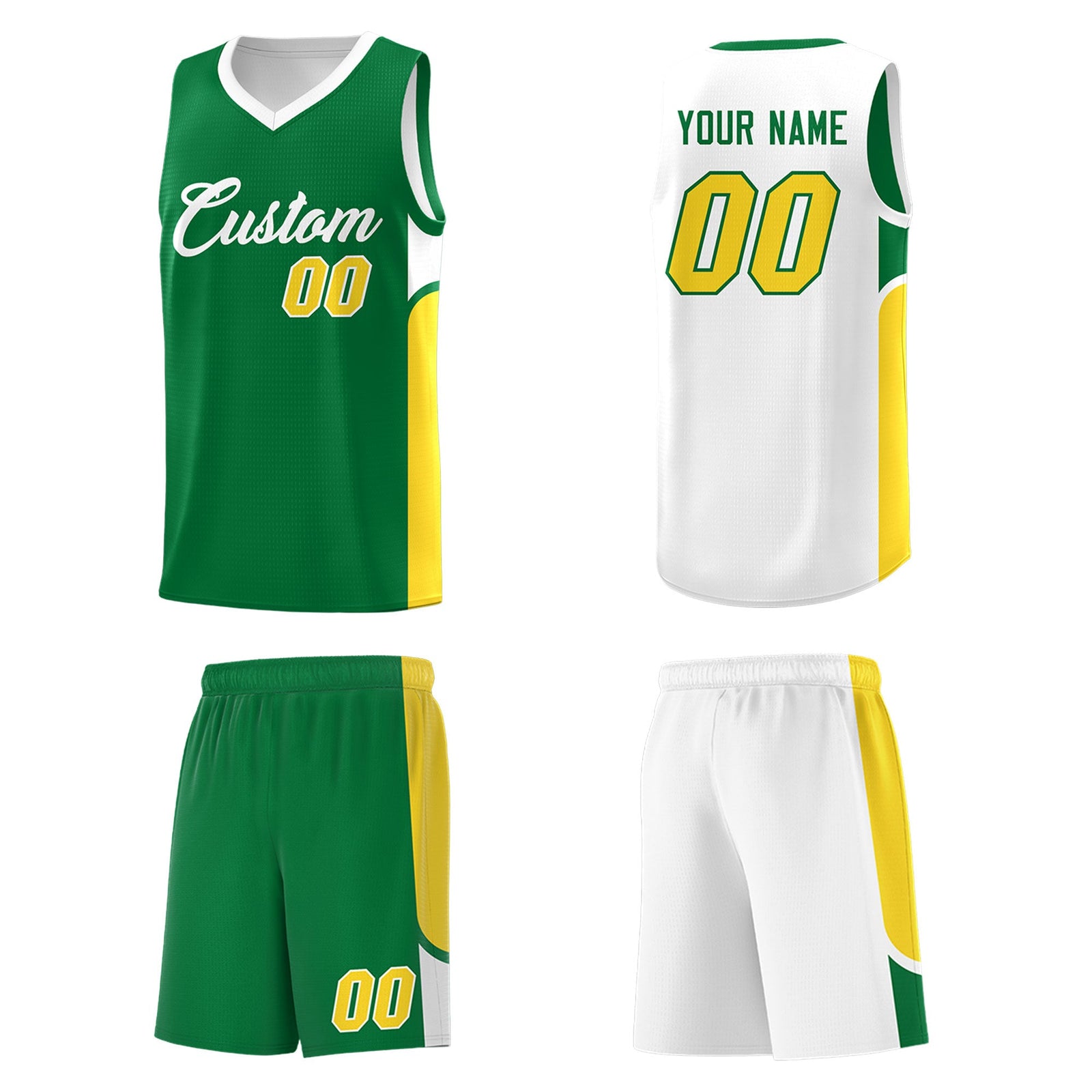 Custom Kelly Green White Side U-shaped Patttern Double Side Sports Uniform Basketball Jersey