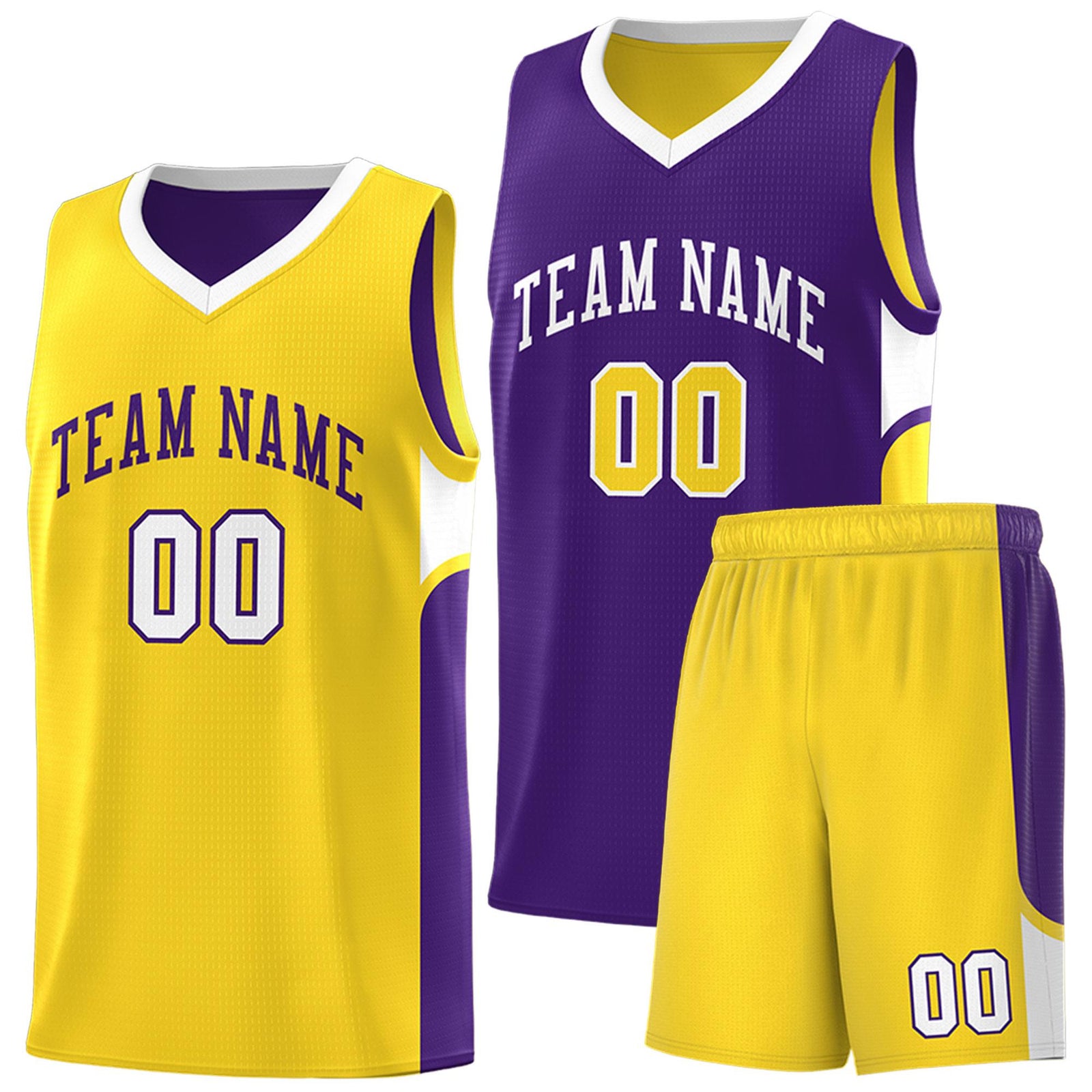 Custom Purple Gold Side U-shaped Patttern Double Side Sports Uniform Basketball Jersey