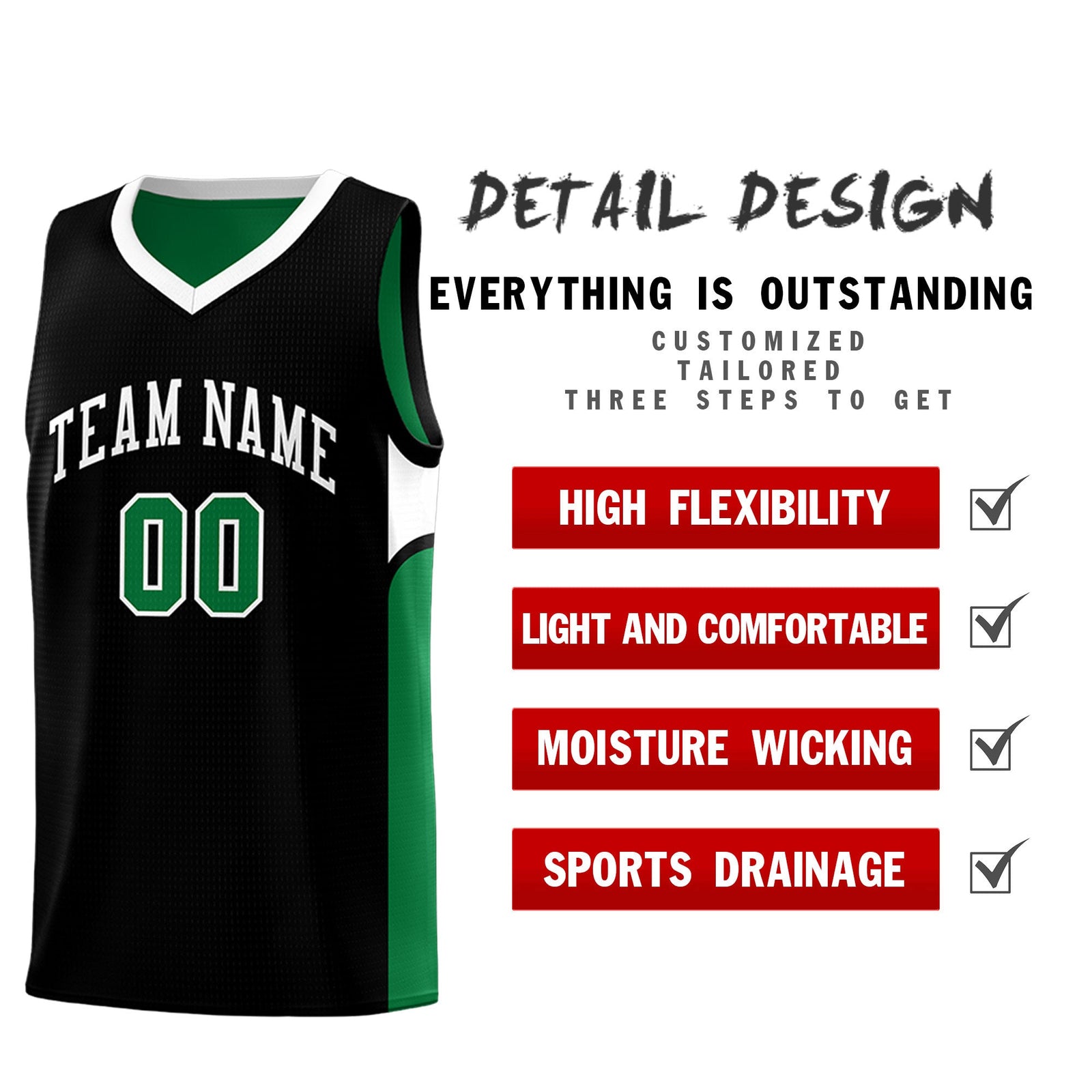 Custom Black Kelly Green Side U-shaped Patttern Double Side Sports Uniform Basketball Jersey