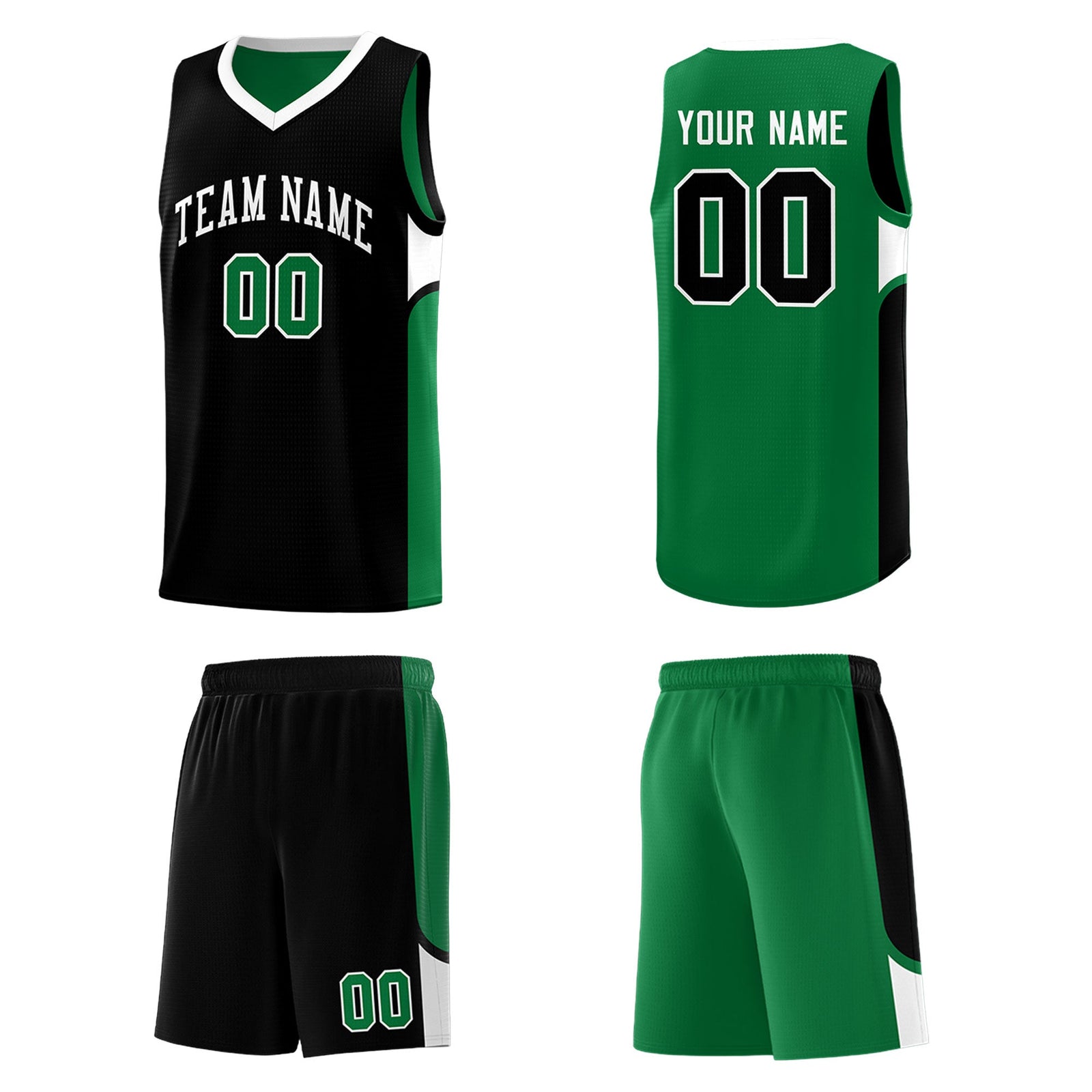 Custom Black Kelly Green Side U-shaped Patttern Double Side Sports Uniform Basketball Jersey