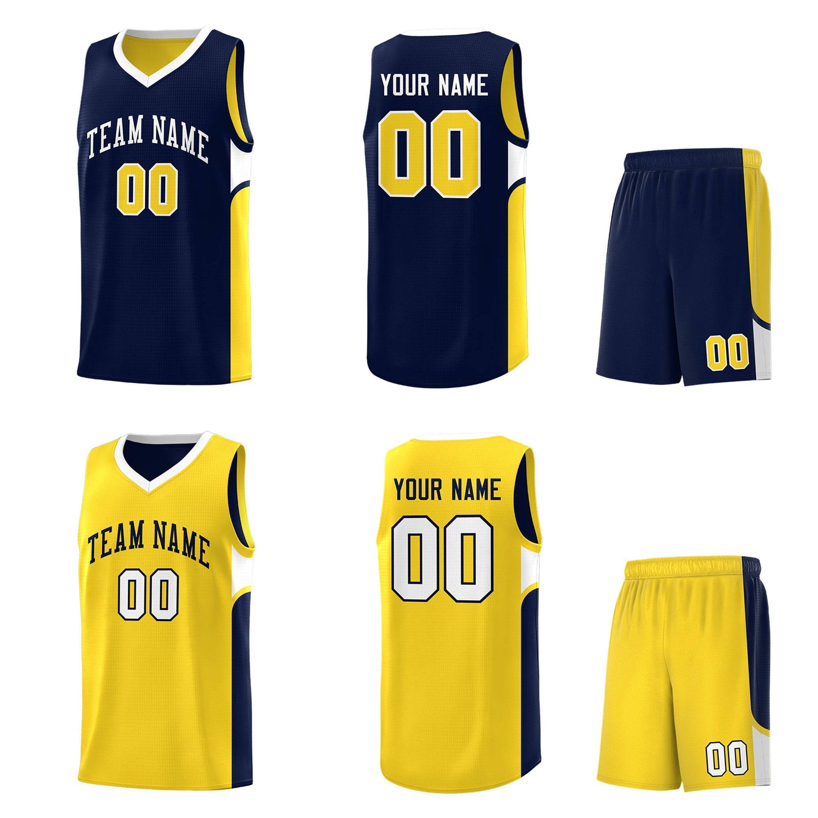 Custom Navy Gold Side U-shaped Patttern Double Side Sports Uniform Basketball Jersey