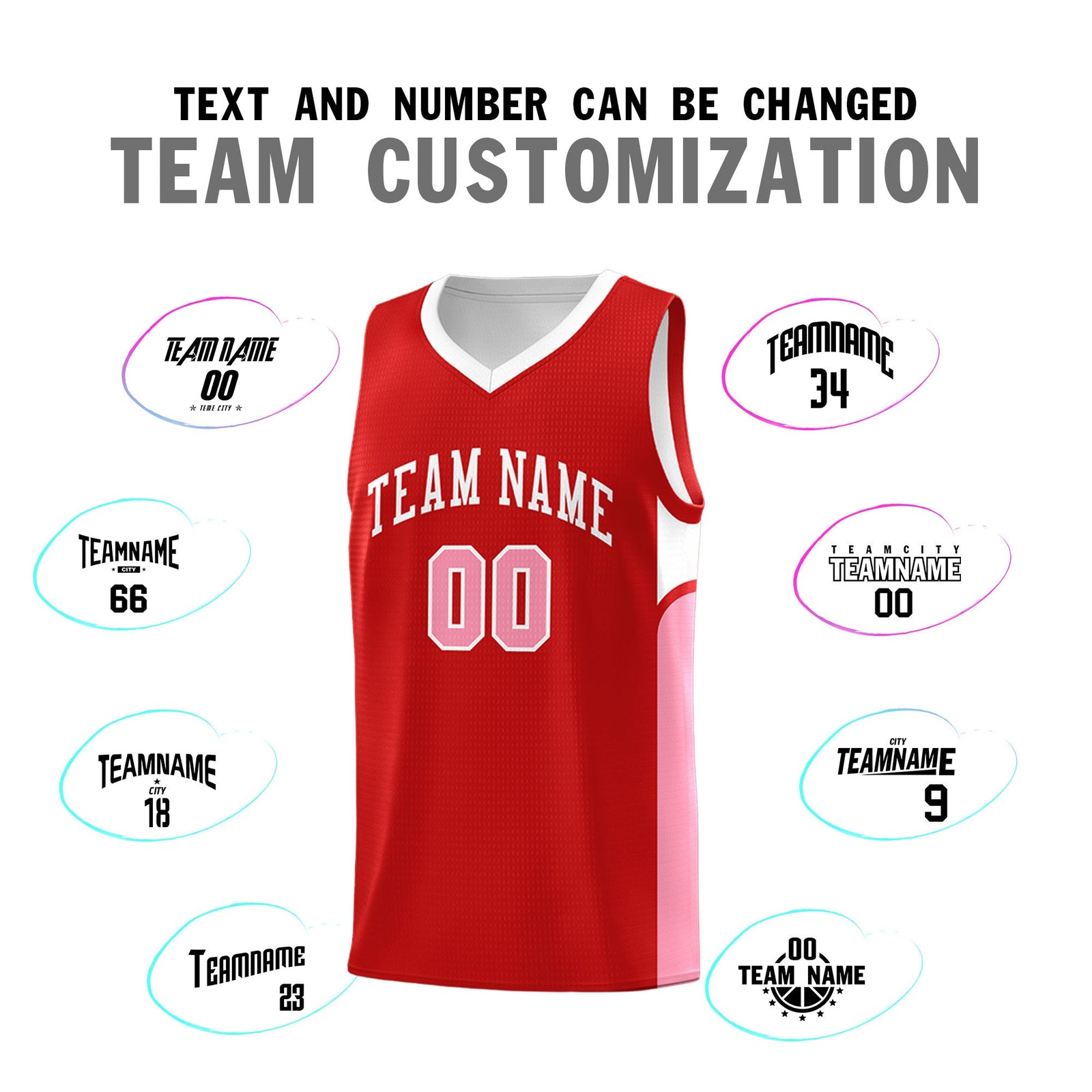 Custom Red White Side U-shaped Patttern Double Side Sports Uniform Basketball Jersey