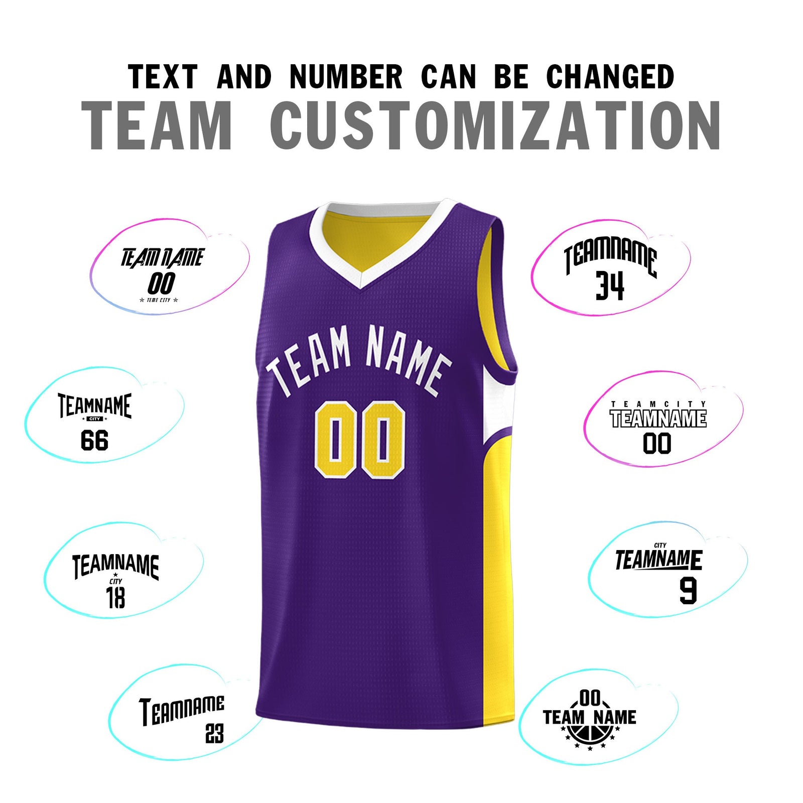 Custom Purple Gold Side U-shaped Patttern Double Side Sports Uniform Basketball Jersey