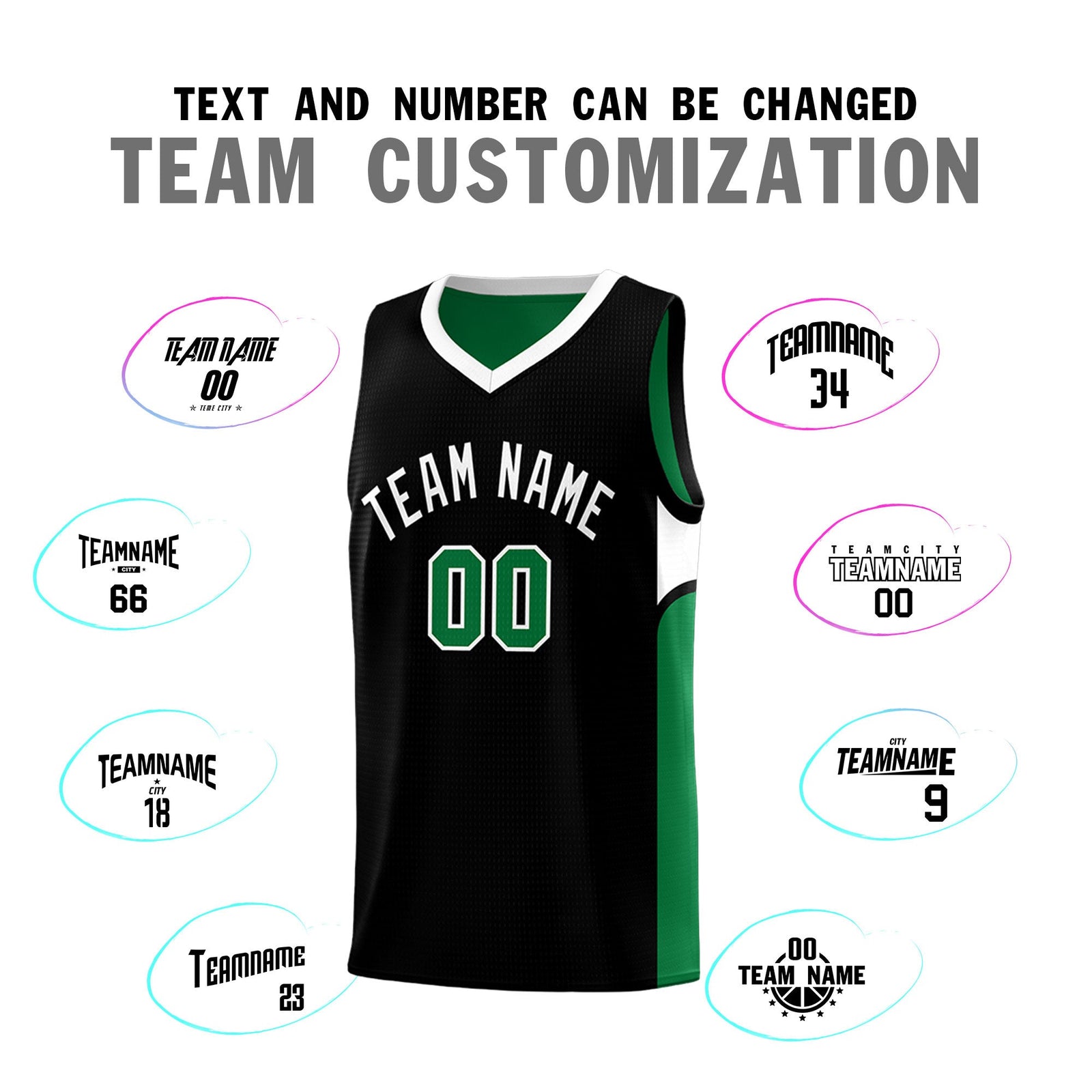 Custom Black Kelly Green Side U-shaped Patttern Double Side Sports Uniform Basketball Jersey