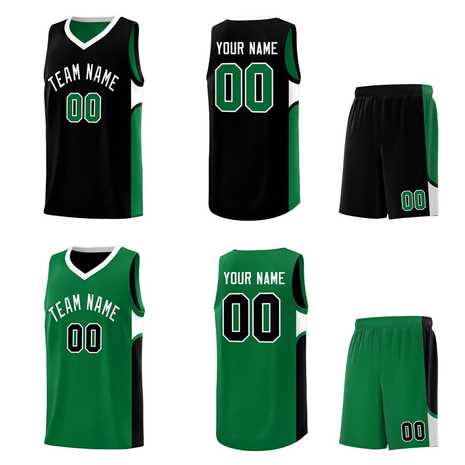 Custom Black Kelly Green Side U-shaped Patttern Double Side Sports Uniform Basketball Jersey