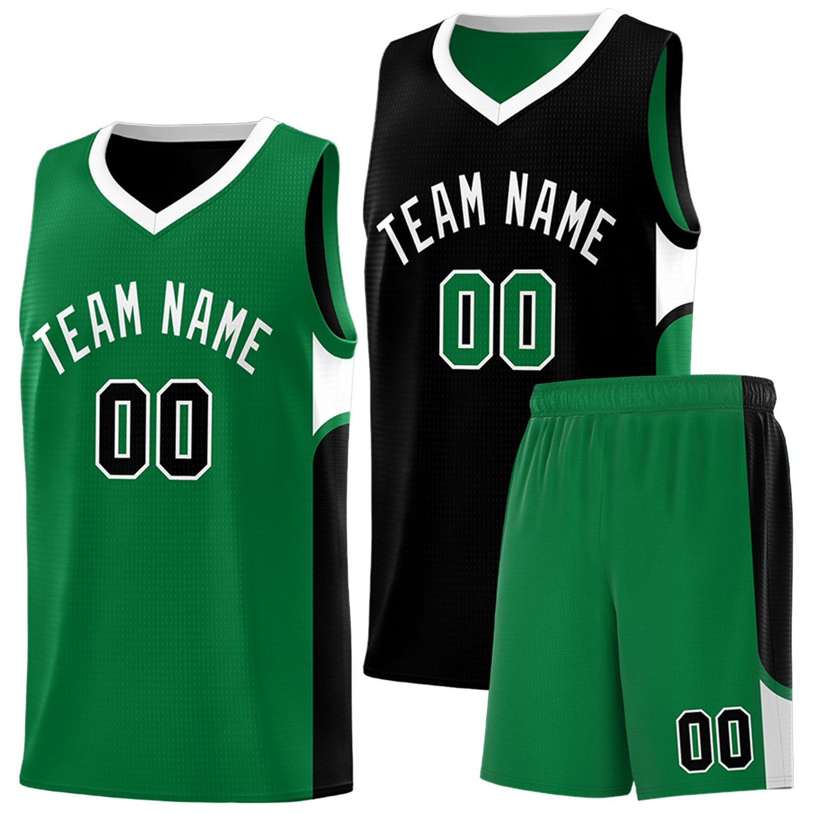 Custom Black Kelly Green Side U-shaped Patttern Double Side Sports Uniform Basketball Jersey