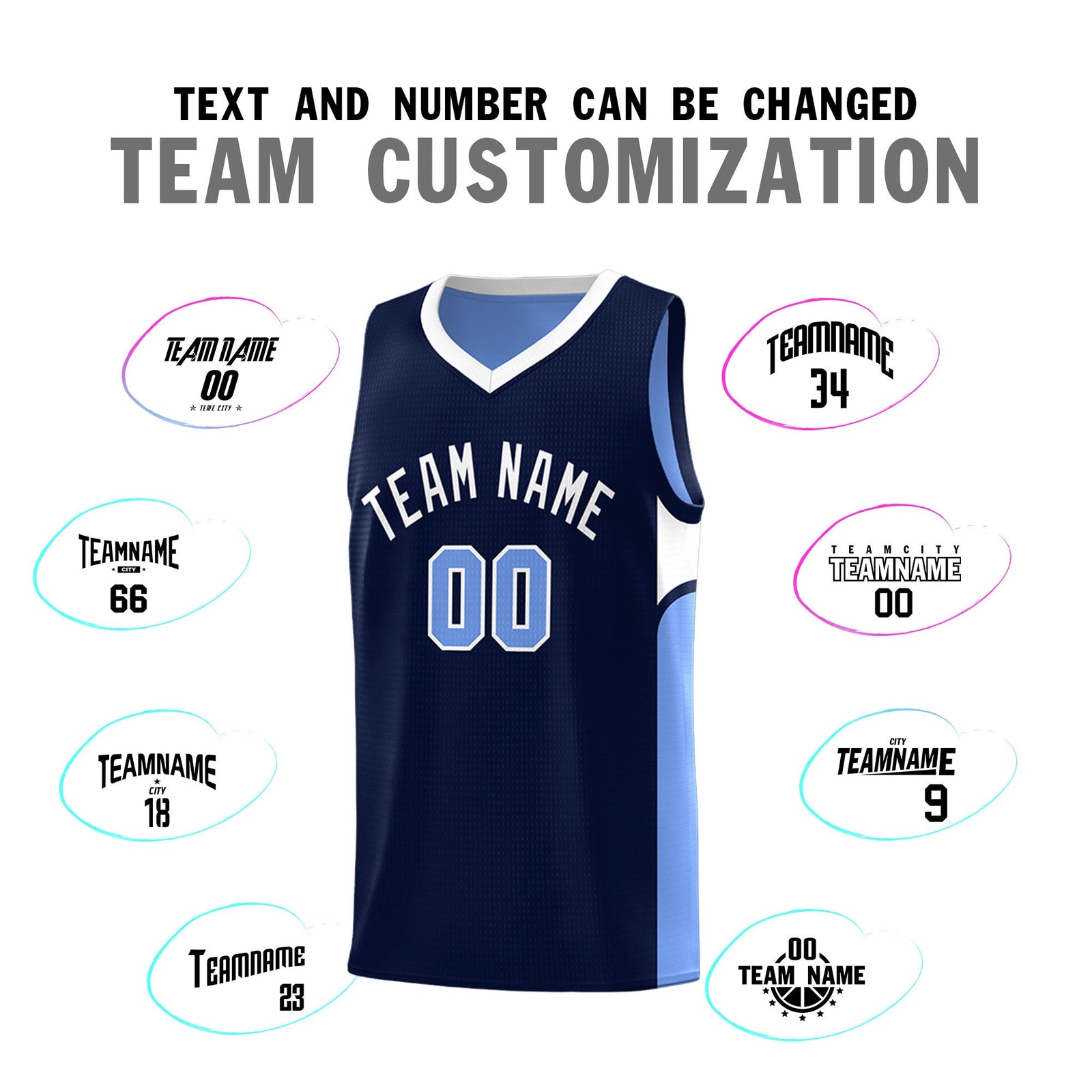 Custom Navy Light Blue Side U-shaped Patttern Double Side Sports Uniform Basketball Jersey