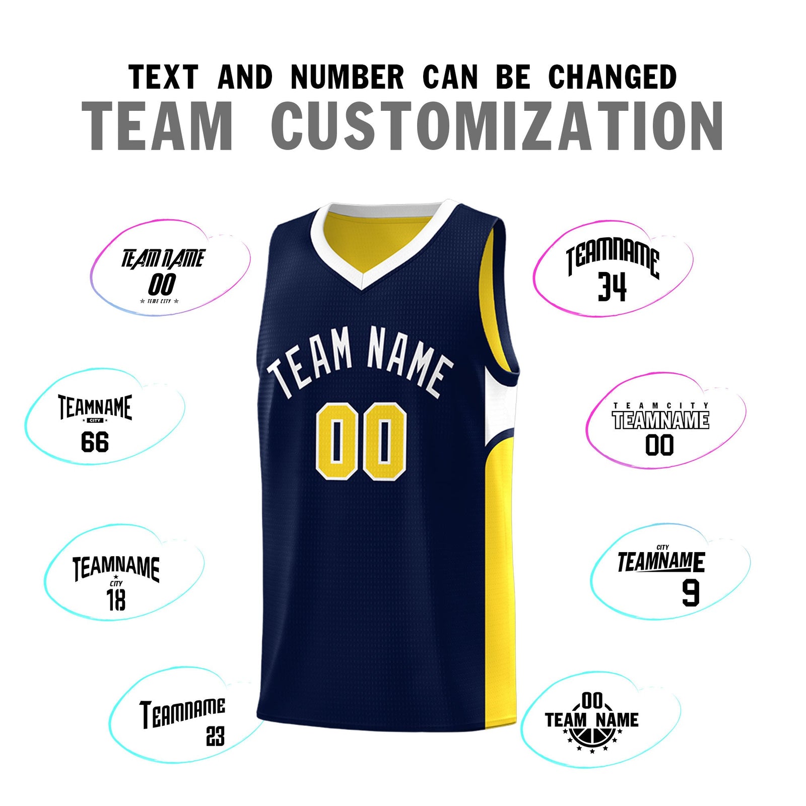 Custom Navy Gold Side U-shaped Patttern Double Side Sports Uniform Basketball Jersey