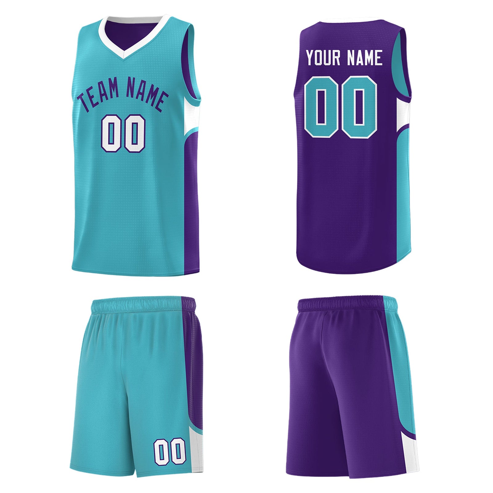 Custom Sky Blue Purple Side U-shaped Patttern Double Side Sports Uniform Basketball Jersey