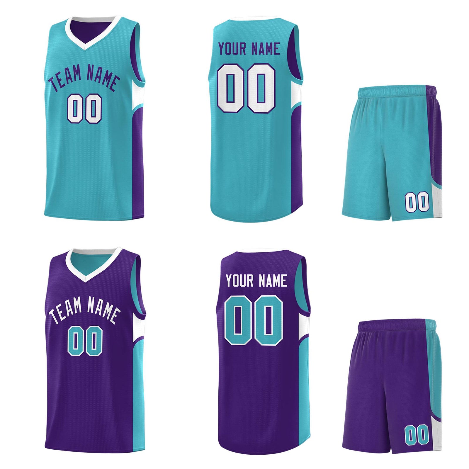 Custom Sky Blue Purple Side U-shaped Patttern Double Side Sports Uniform Basketball Jersey