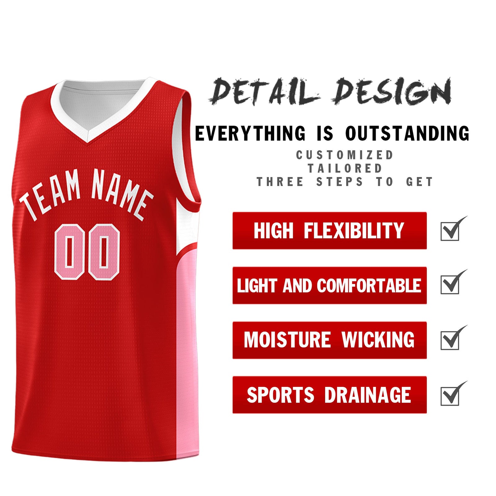 Custom Red White Side U-shaped Patttern Double Side Sports Uniform Basketball Jersey