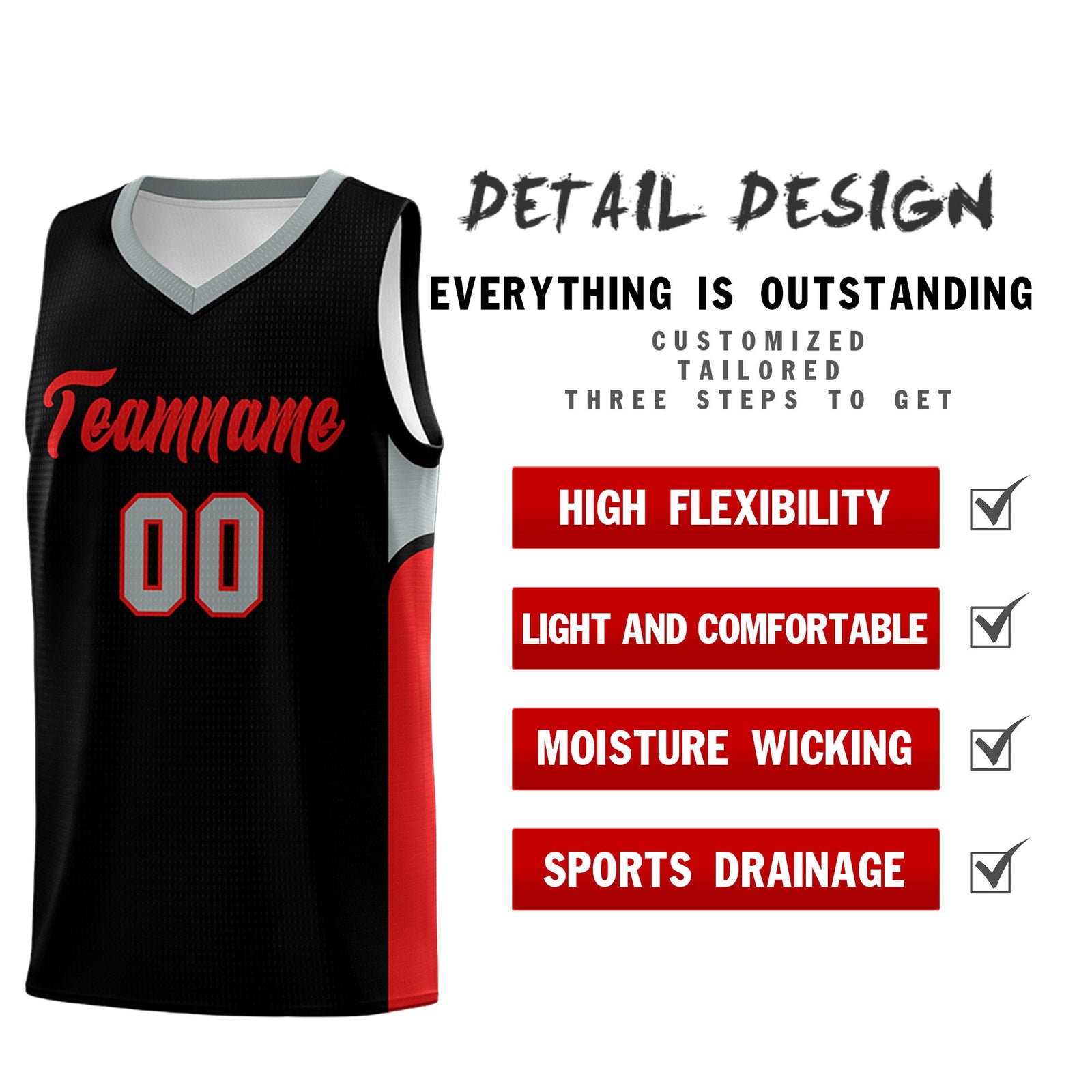 Custom Black White Side U-shaped Patttern Double Side Sports Uniform Basketball Jersey